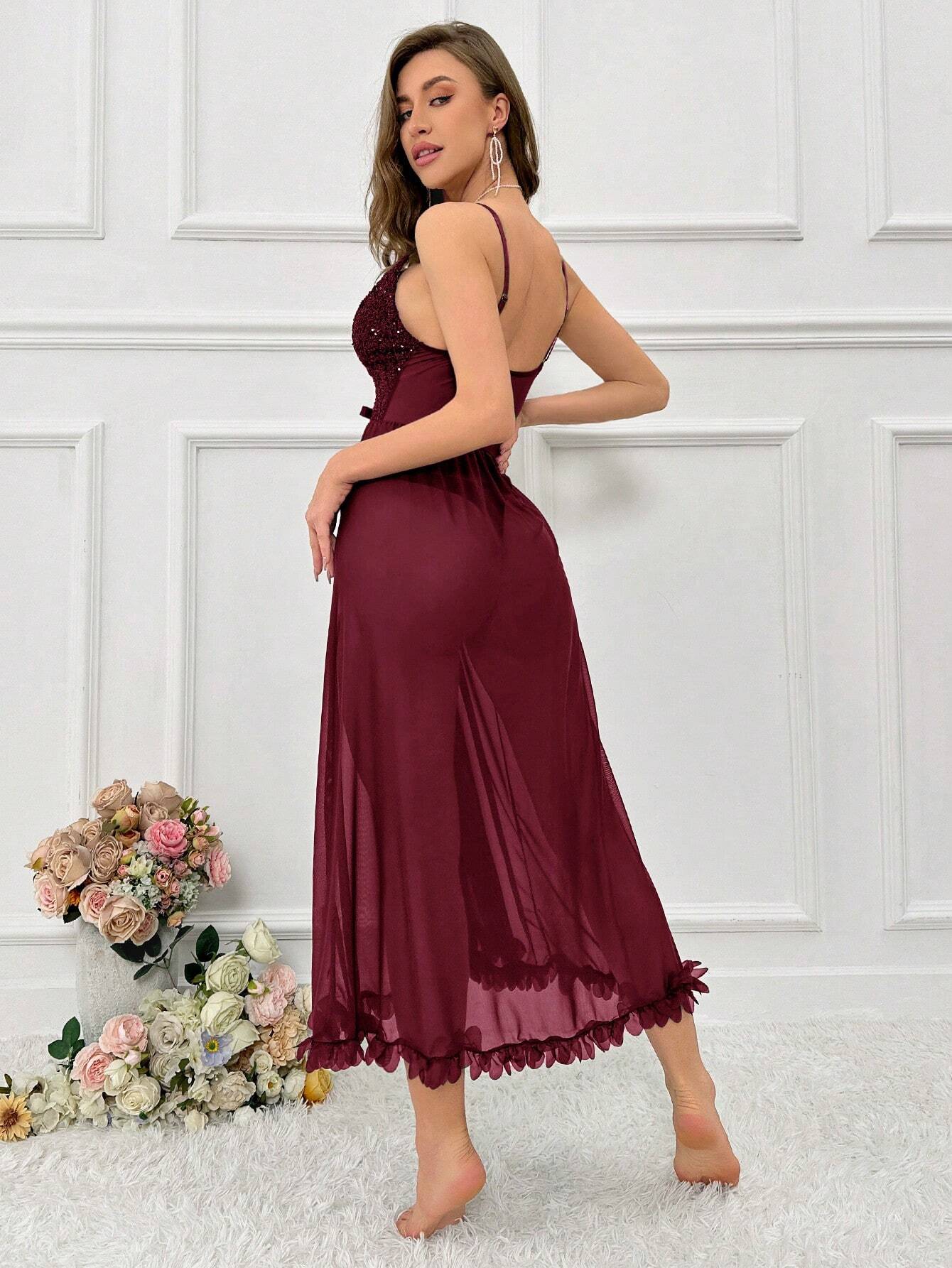 Sequin Patchwork See-Through Mesh Cami Lingerie Pajama Dress