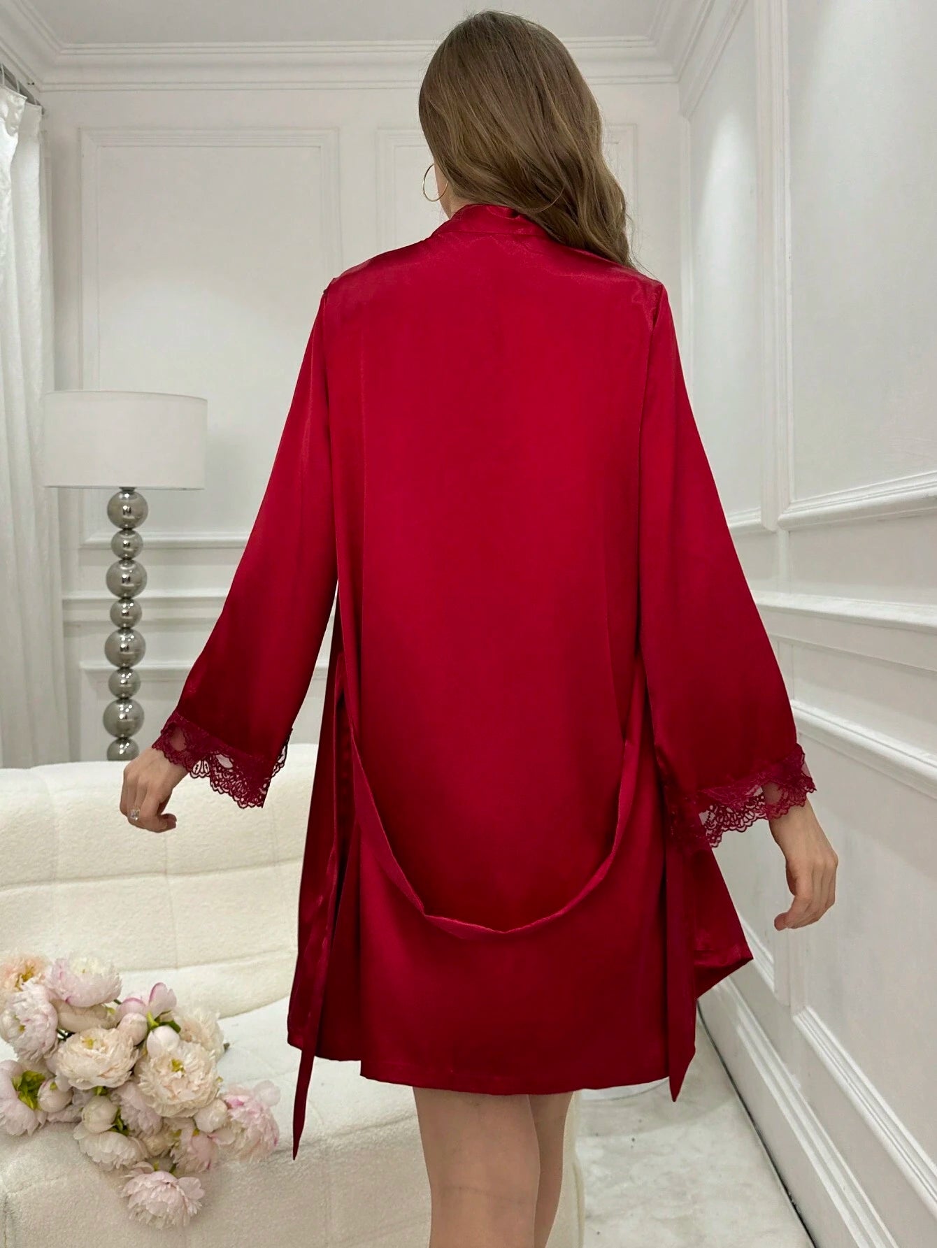 Lace Trimmed Cami Slip Dress And Robe Pajama Set