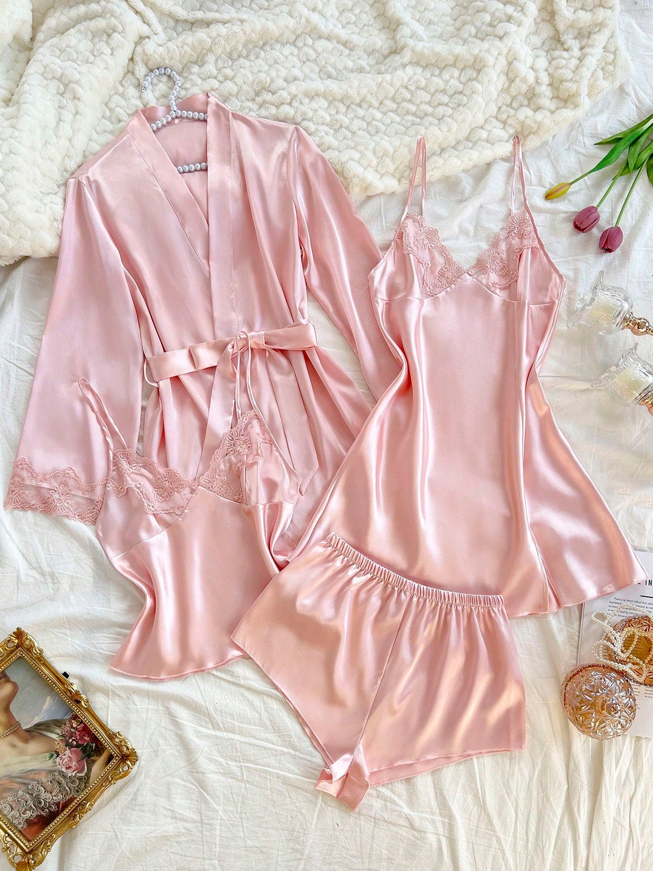 4pcs Set: Embroidered V-Neck Faux Silk Slip Dress Pink