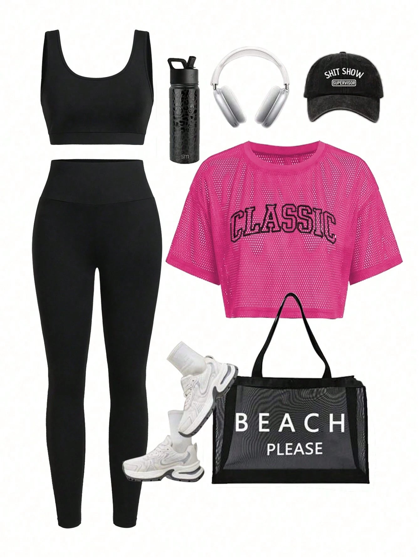 Sport Studio Mesh Printed Vest + Black Basic Slim-Fit Tank Top + &amp; Leggings
