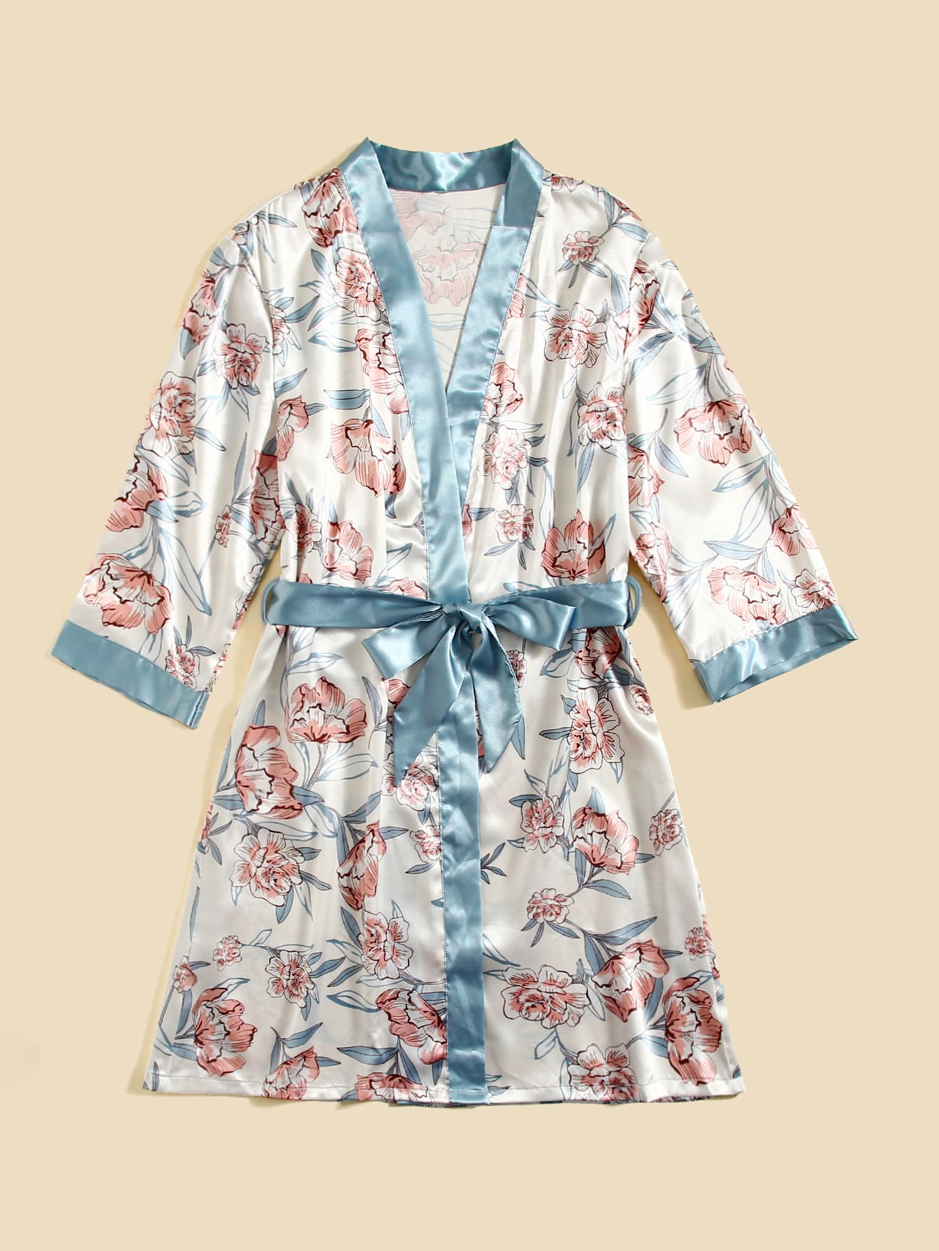 5pcs Floral Print Belted Satin Robe &amp; Cami Top &amp; Night Dress &amp; Pants &amp; Shorts