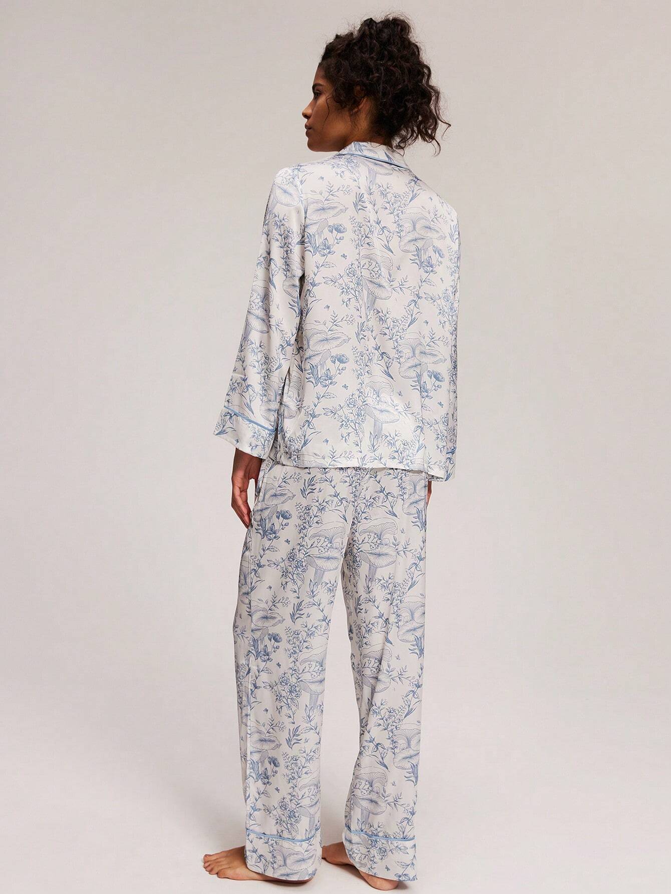 LUVLETTE Floral Pattern Satin Long Pajama Sets