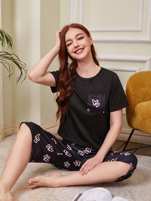 Heart Print Pocket Patched PJ Set
