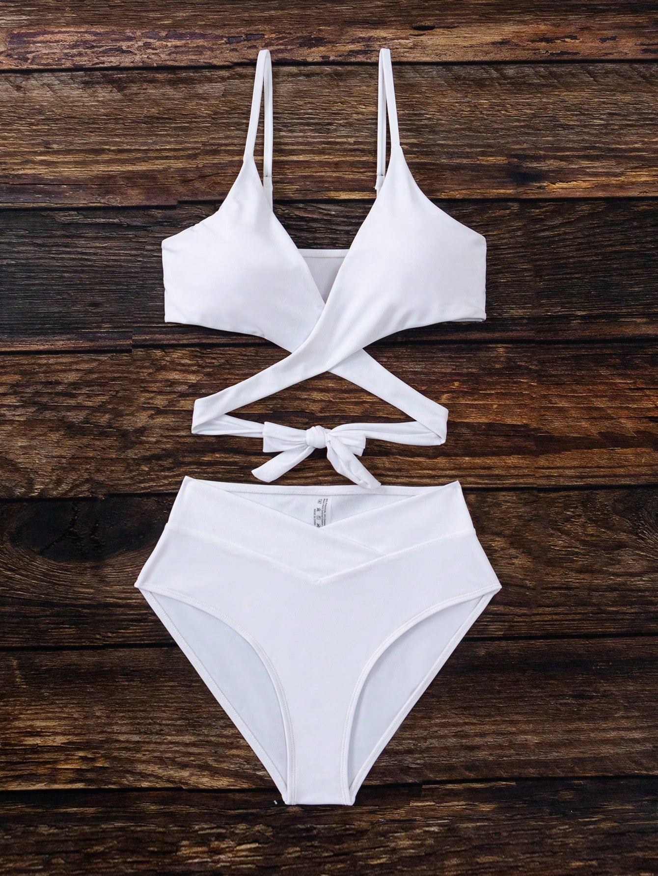 SHEIN Swim Basics Solid Bikini Set Crisscross Tie Back Bra &amp; Overlap High Waisted Bottom 2 Piece Bathing Suit