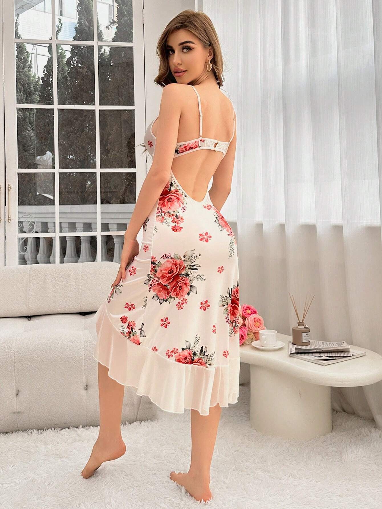 Women's Lace Trim Floral Pattern Cami Nightgown