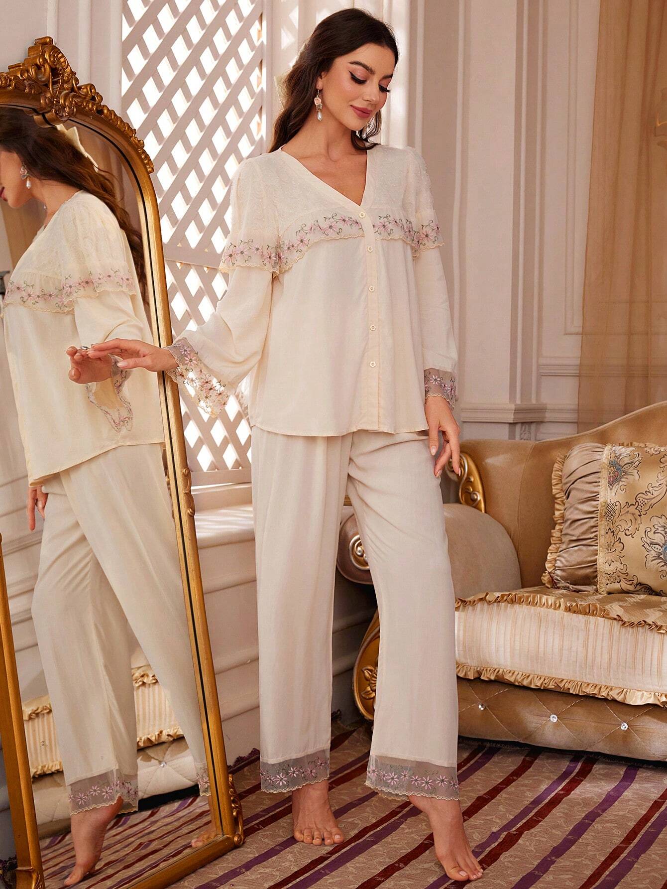 PalaceNights Contrast Embroidery Mesh Ruffle Trim Blouse &amp; Wide Leg Pants PJ Set