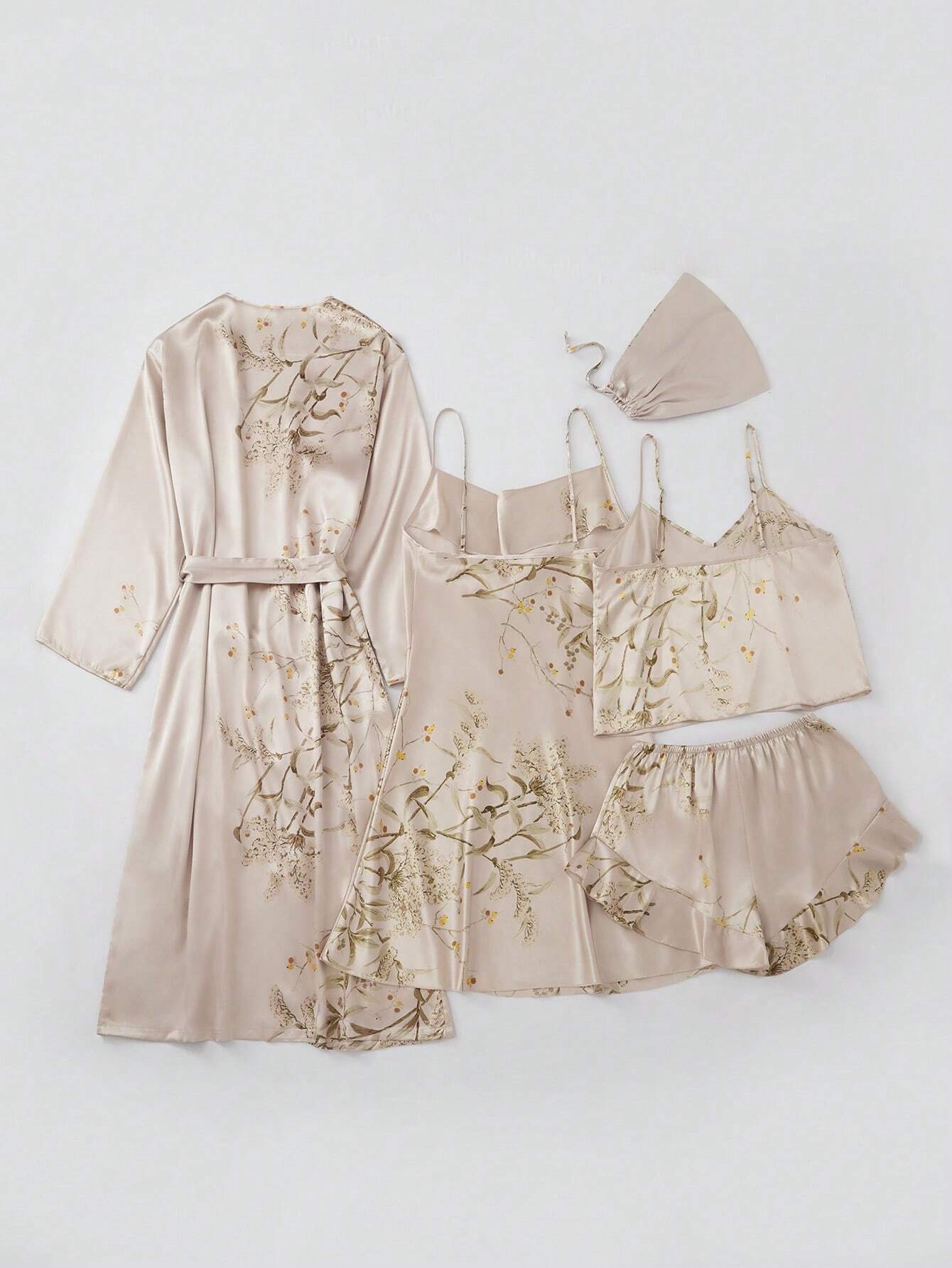 LuxeNights 5pcs/Set Silk-Like Flower Print Camisole Top &amp; Shorts &amp; Dress &amp; Robe &amp; Storage Bag