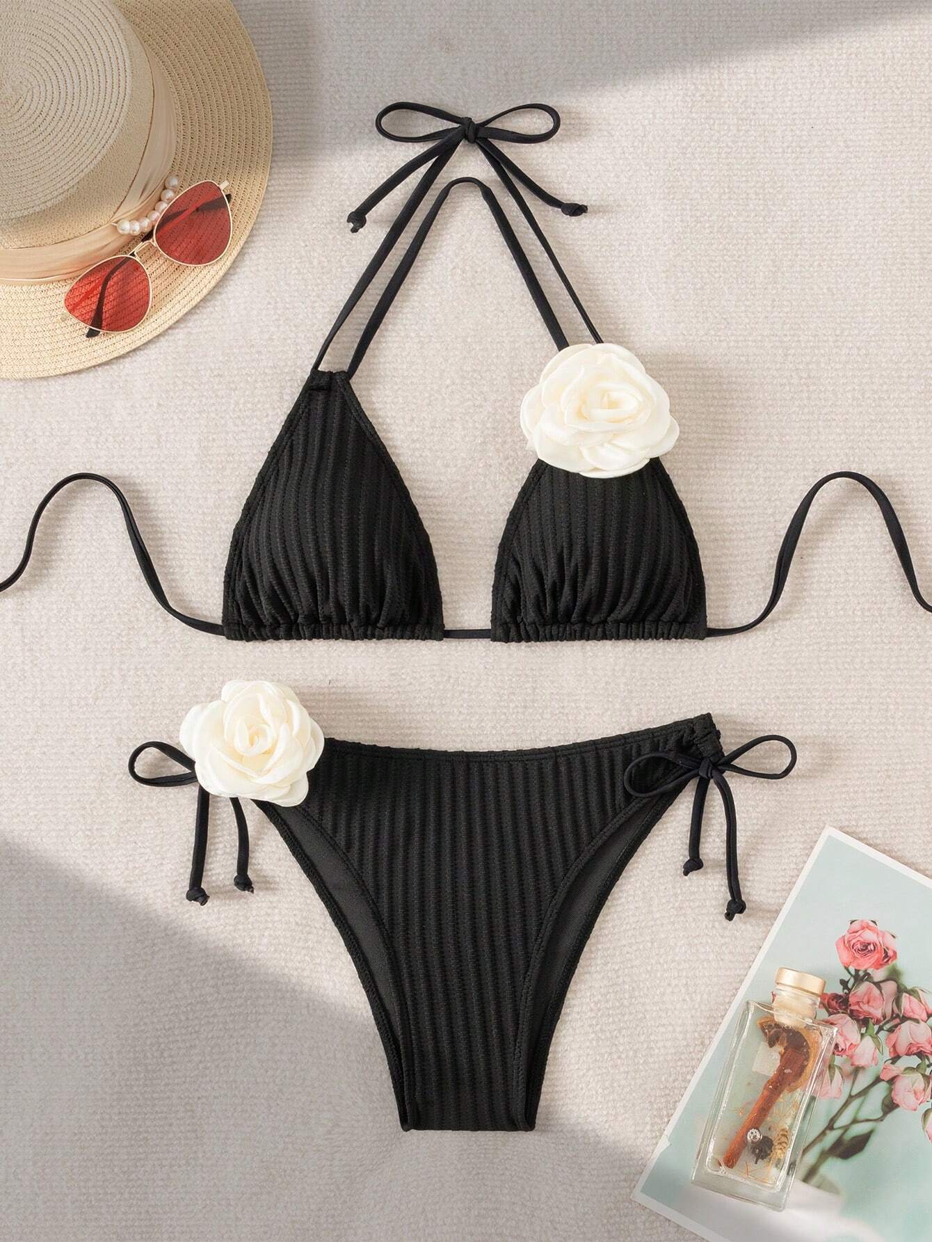 Ladies' 3D Flower Decoration Halter Neck Tie Sexy Bikini Set For Summer Beach Black