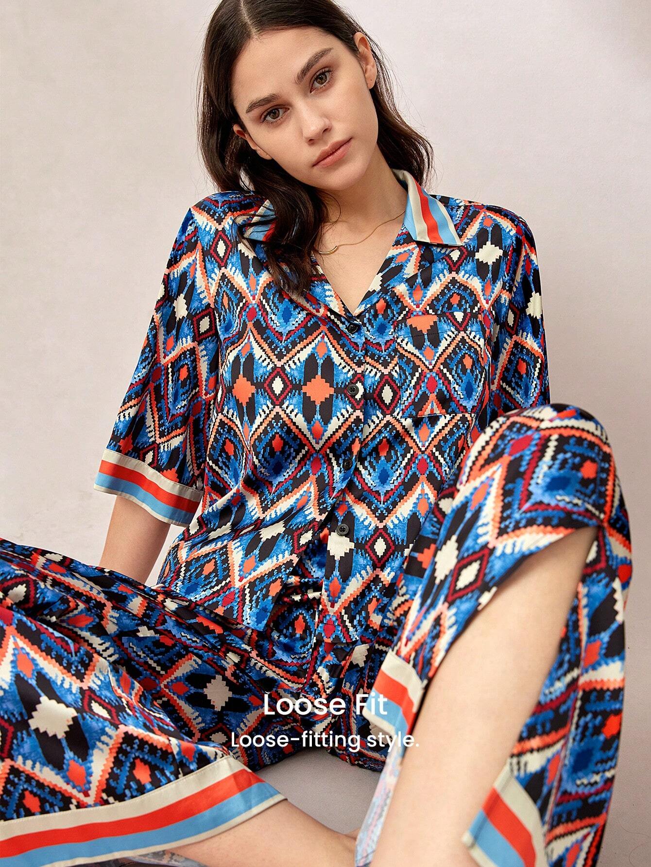 LUVLETTE Fasion Patterned Satin Long Pajama Sets Multicolor