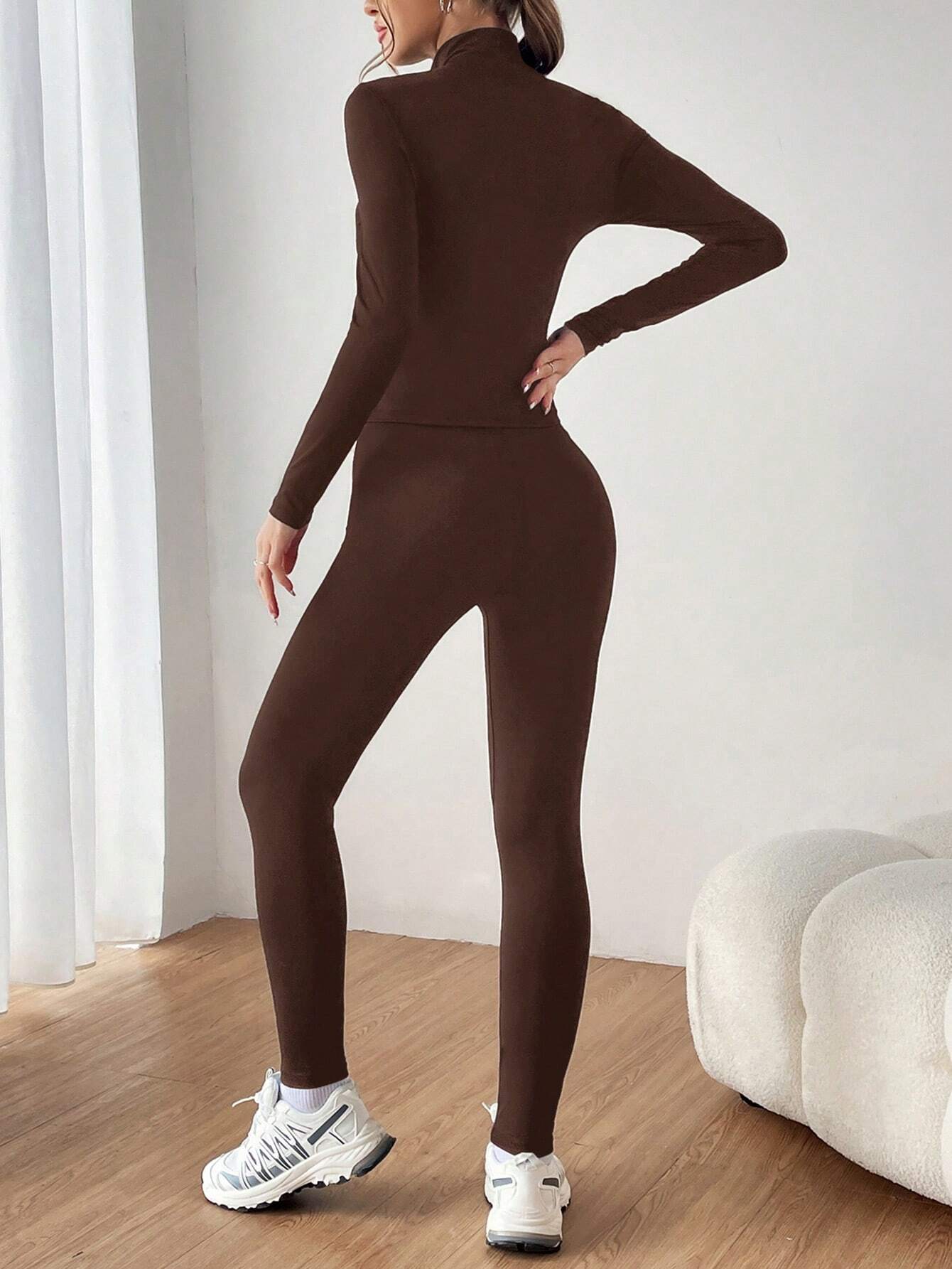 EZwear Ladies' Zipper Half Placket Long Sleeve T-Shirt And Leggings Set