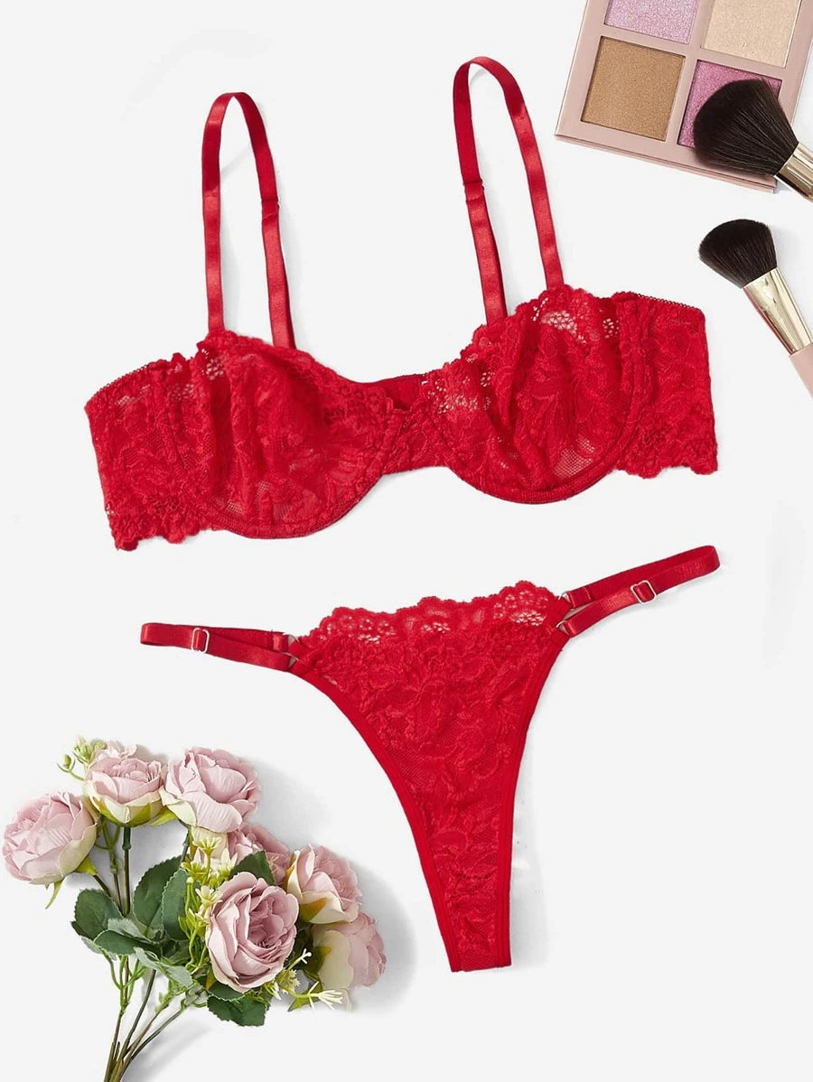 Floral Lace Underwire Lingerie Set Red