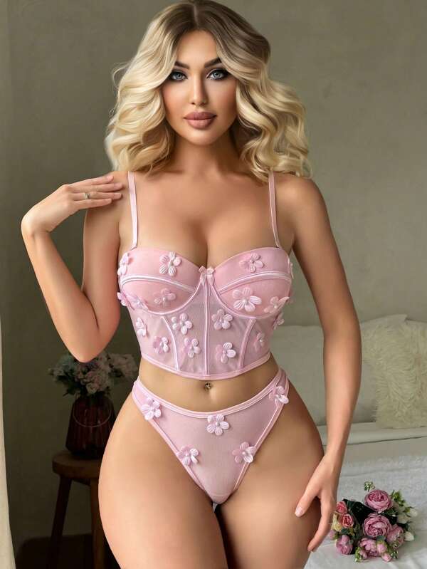 Appliques Mesh Underwire Lingerie Set Pink