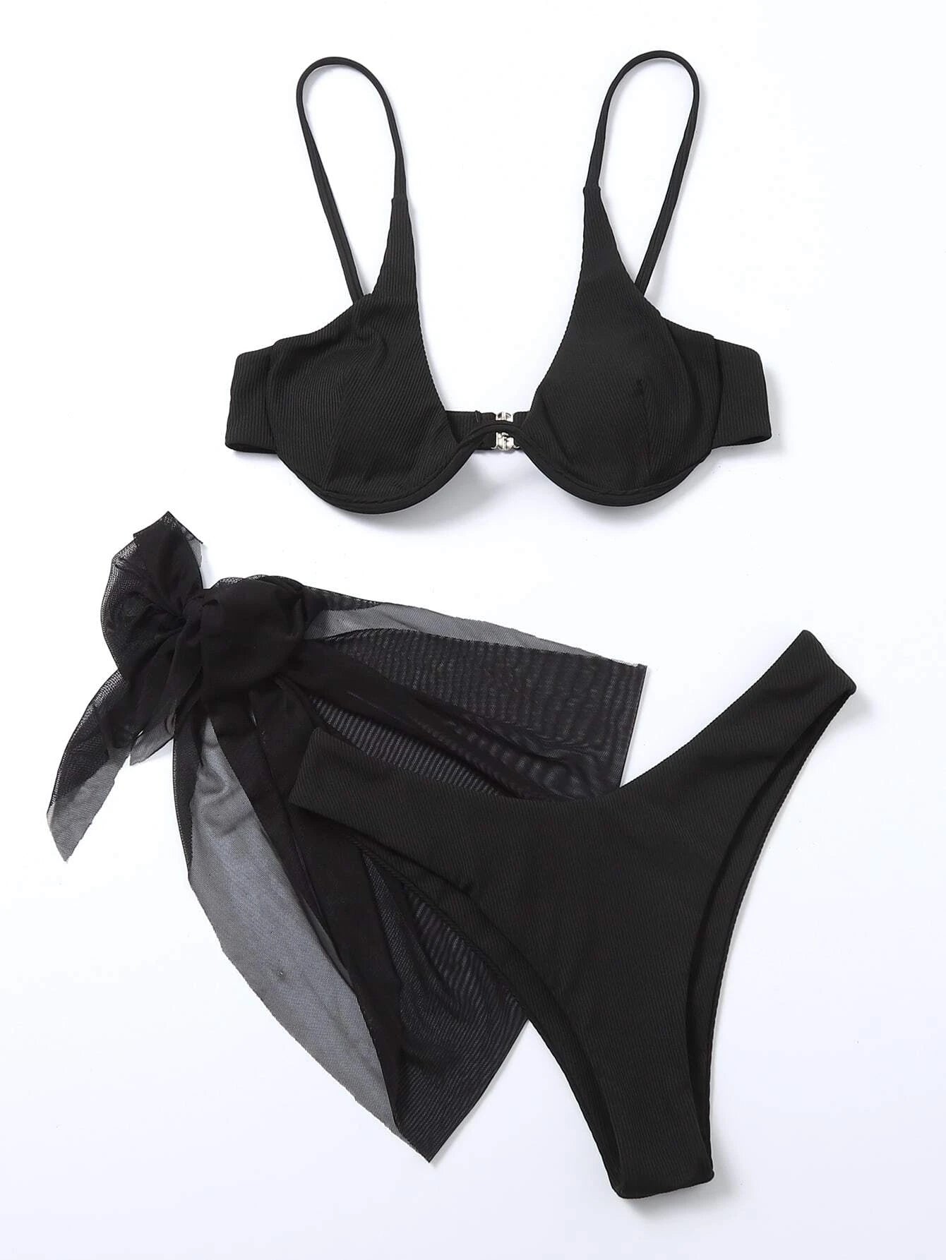 wim Summer Beach 3packs Rib Underwire Bikini Set &amp; Beach Skirt Matching Set