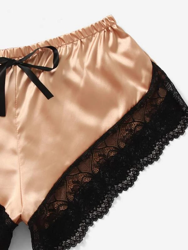 3sets Satin Contrast Lace Lingerie Set