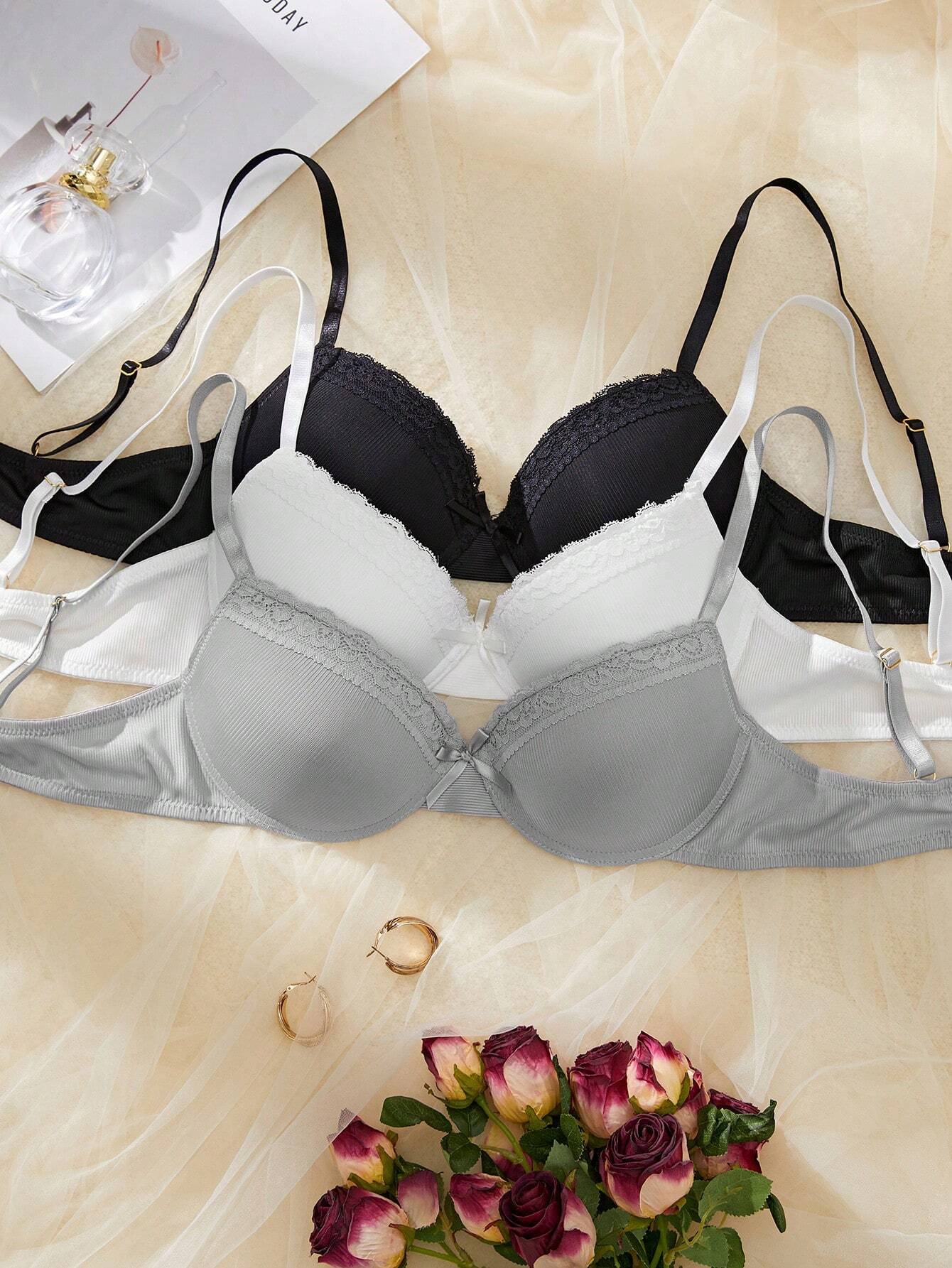 3pcs/Set Women's Simple Casual Gather Lightly Padded Underwire Bra