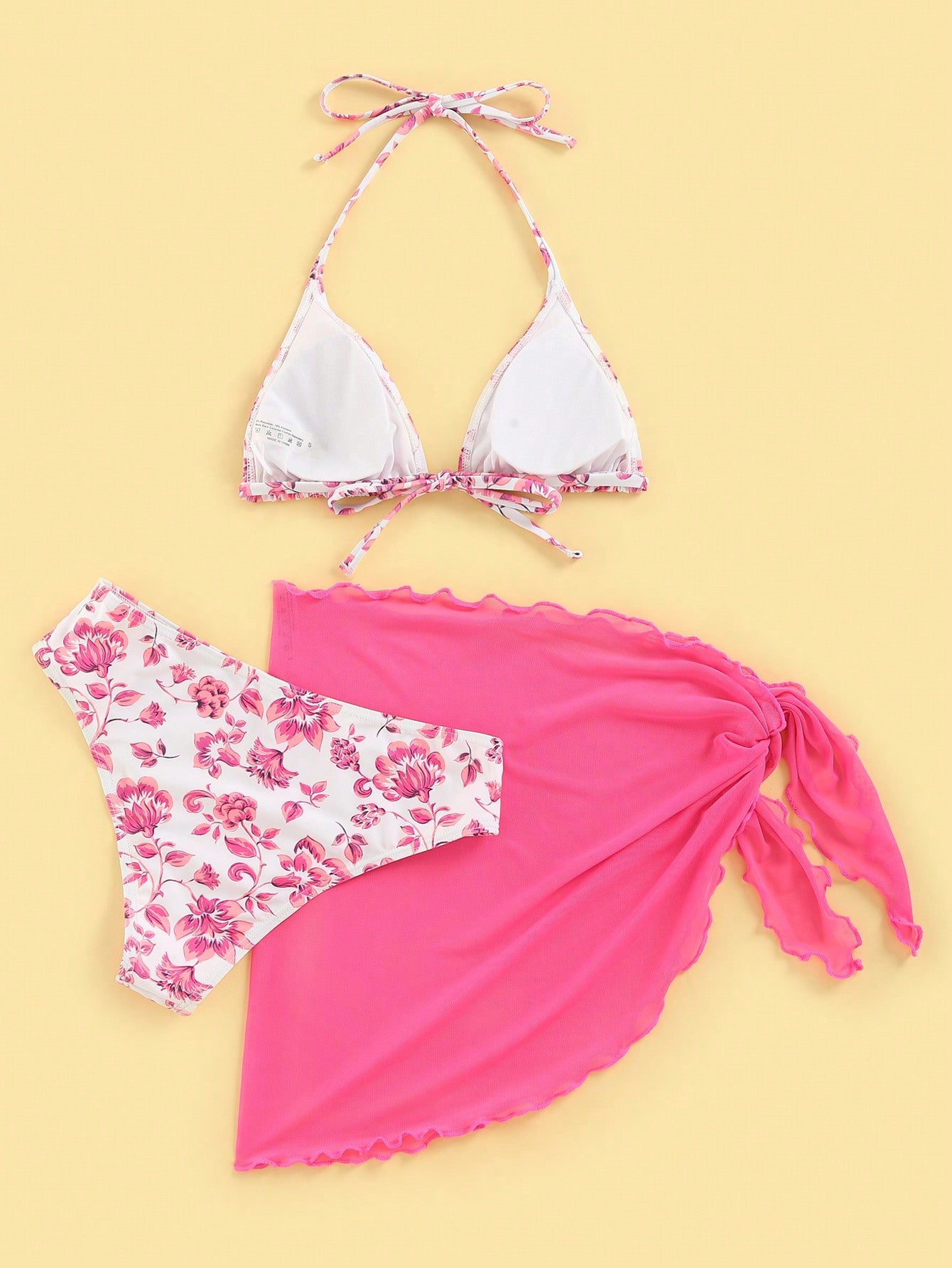 SHEIN Swim Mod Floral Print Halter Triangle Bikini Swimsuit With Beach Skirt