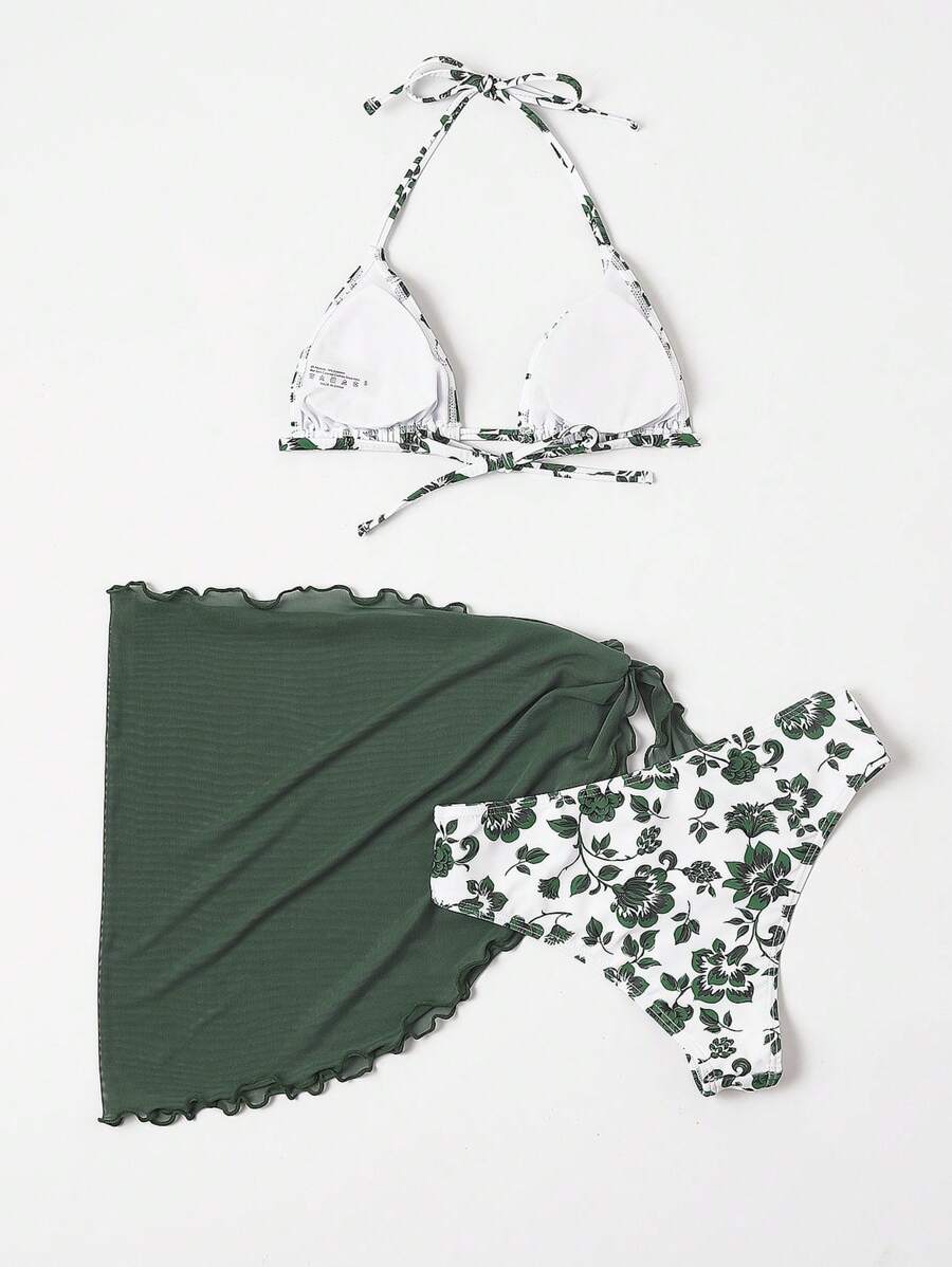 Floral Print Halter Triangle Bikini Swimsuit With Beach Skirt