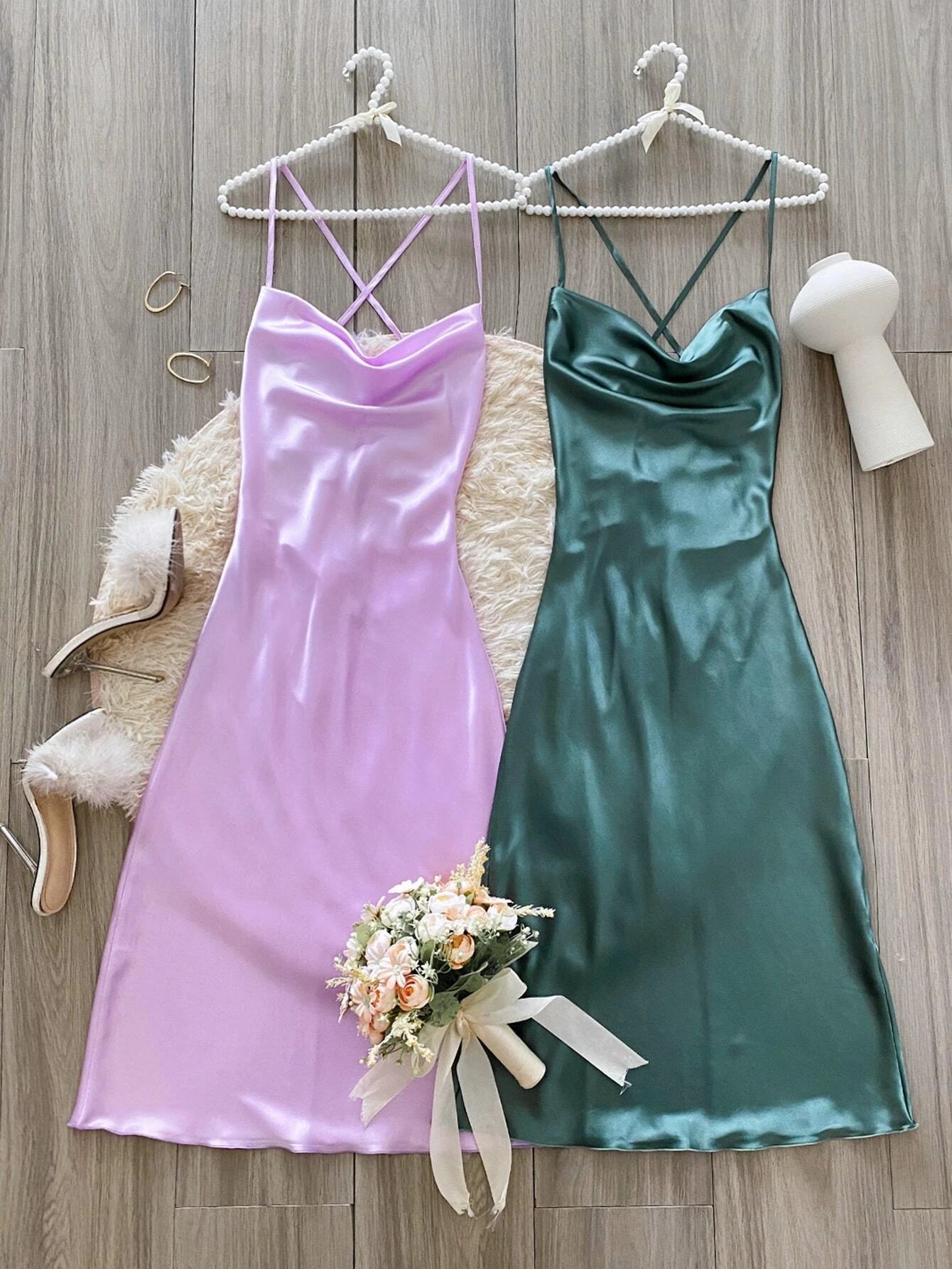 2pcs Lace Up Backless Satin Sleep Dress Pajama Dress Multicolor 3