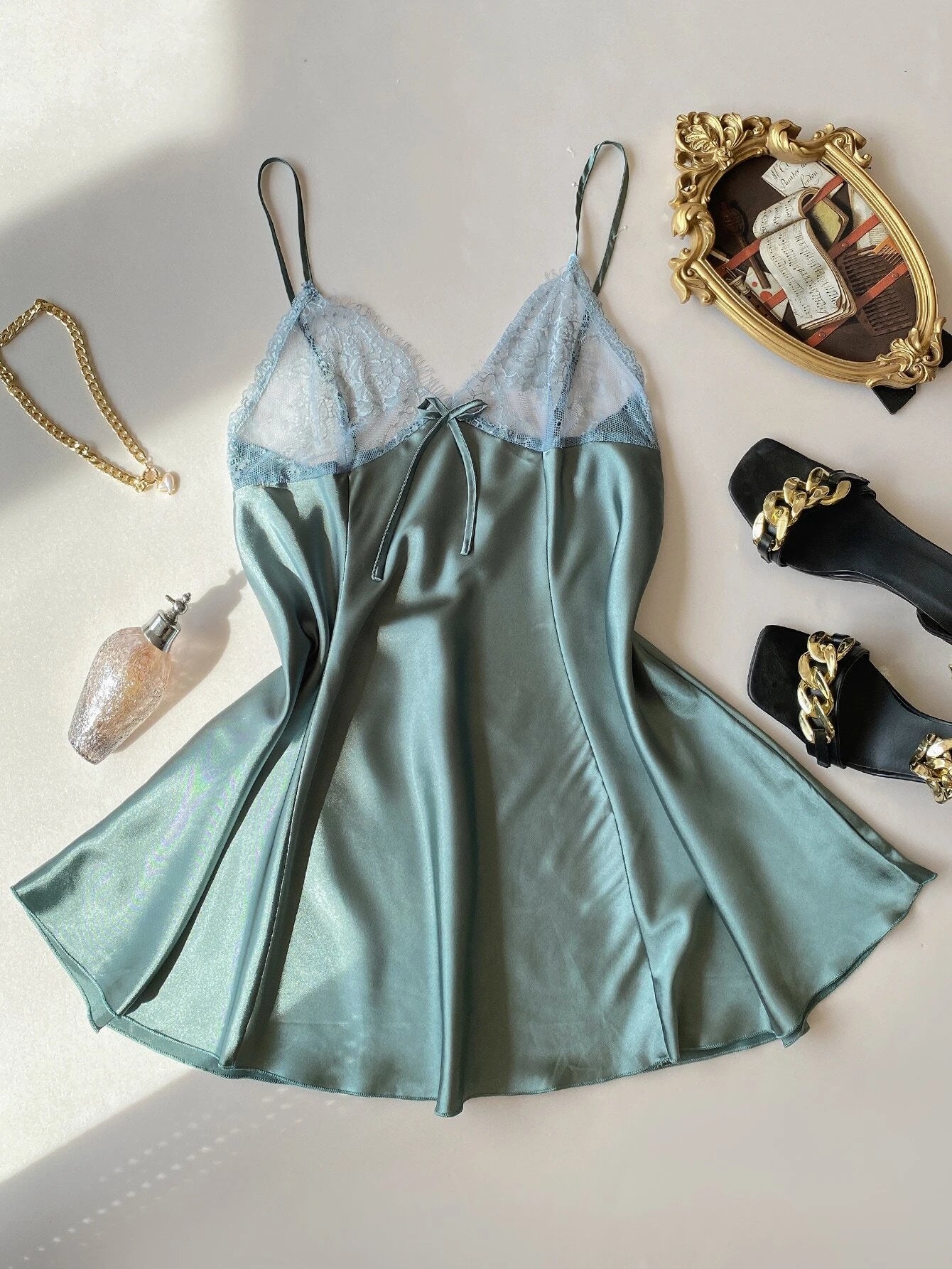 Bow Front Lace Trim Satin Slips Dark Green