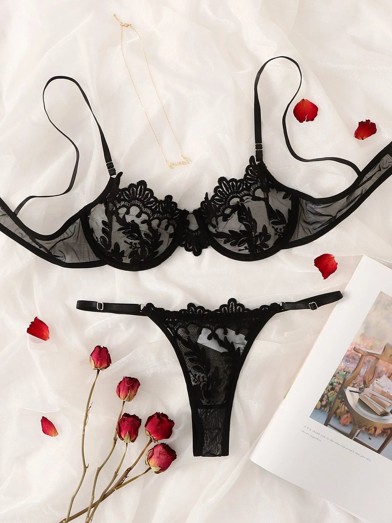 Pure Desire Floral Embroidery Mesh Underwire Lingerie Set Black