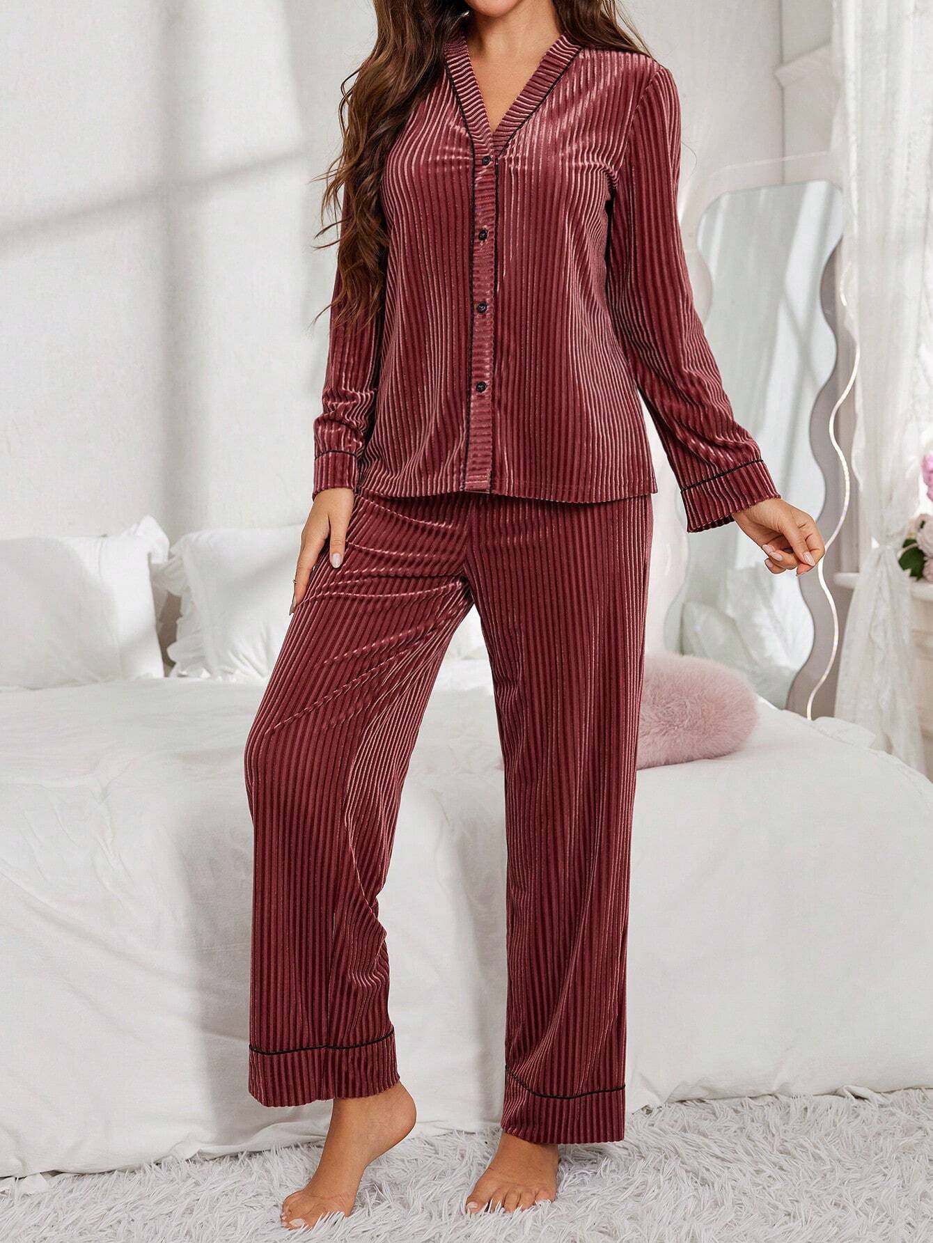 Women Velvet Button-Up Long Sleeve Pajama Set