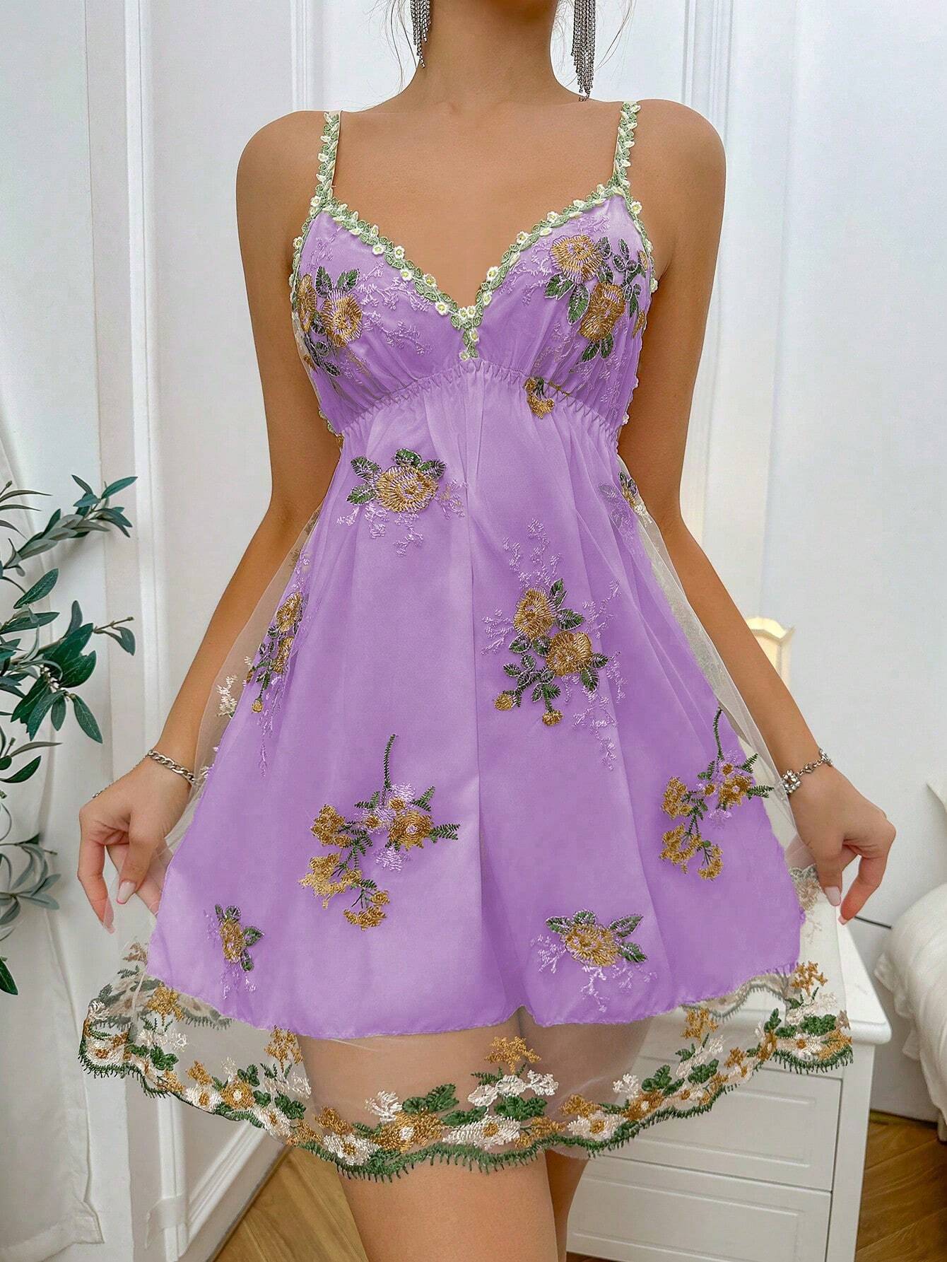Women's Floral Embroidery Cami Sleep Dress Mauve Purple