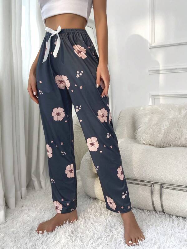 Floral Print Tie Front Sleep Pants