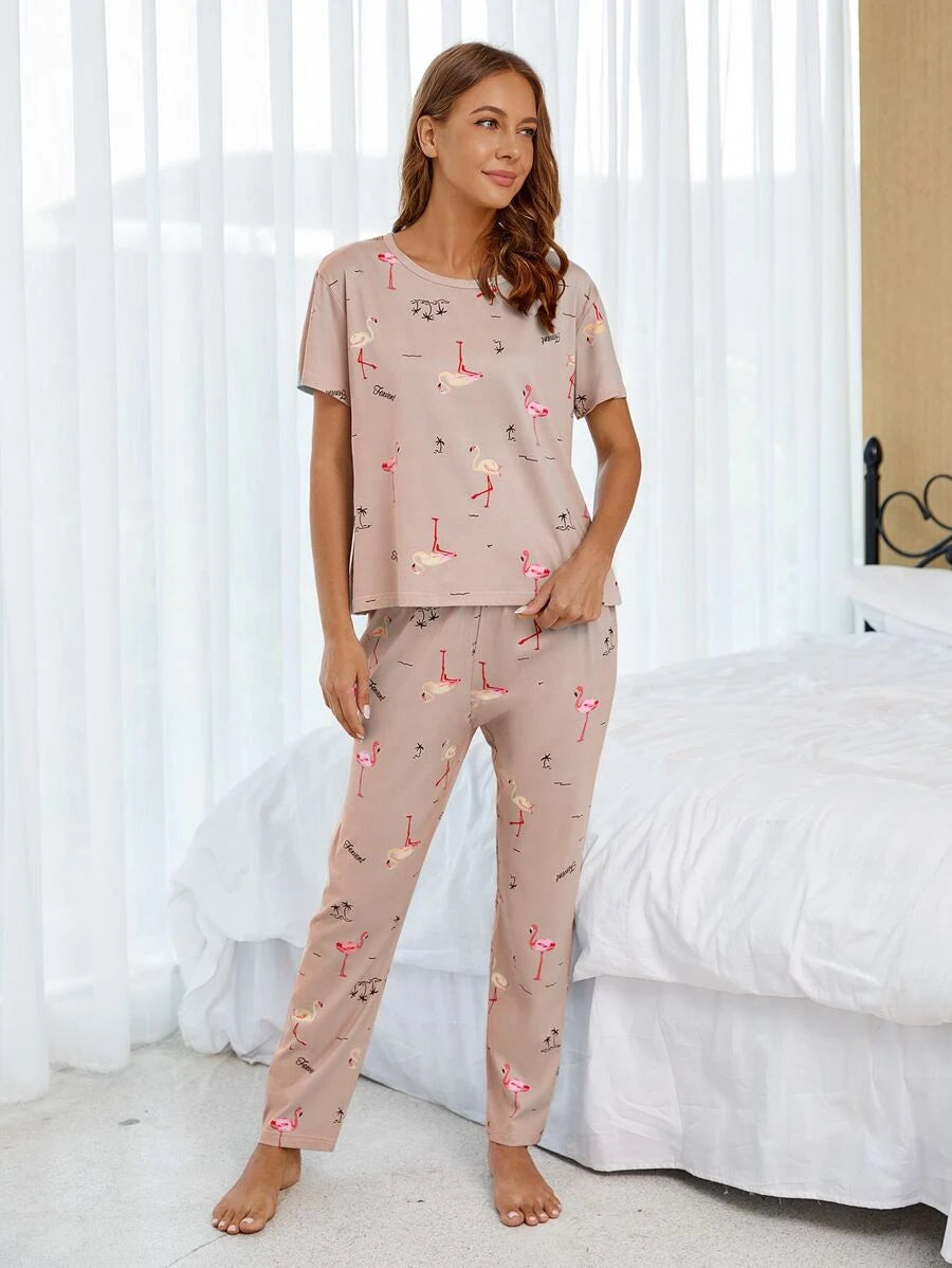 Flamingo Print PJ Set With Eye Cover