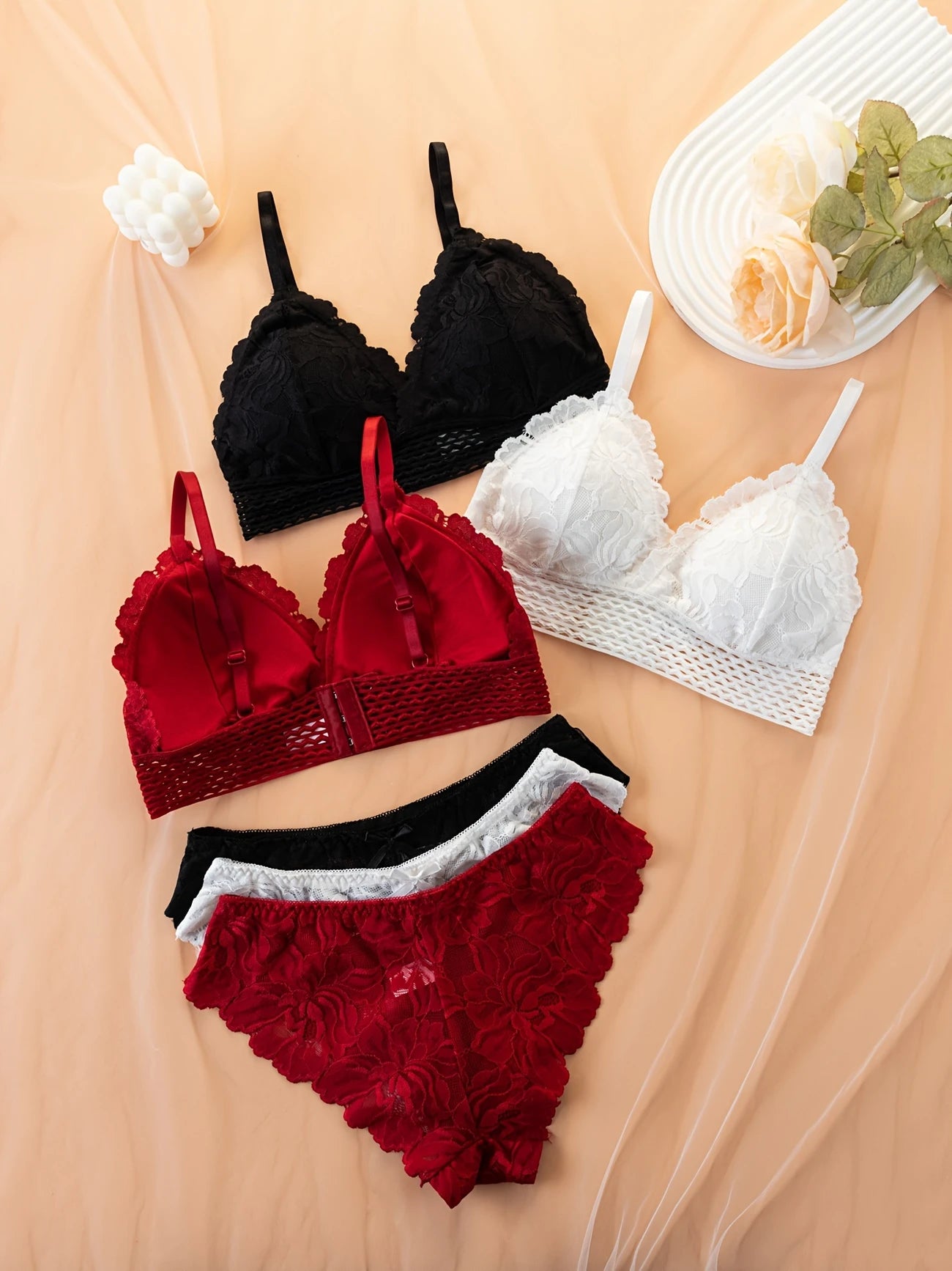 3 Set Solid Lace Elegant Bra & Panty