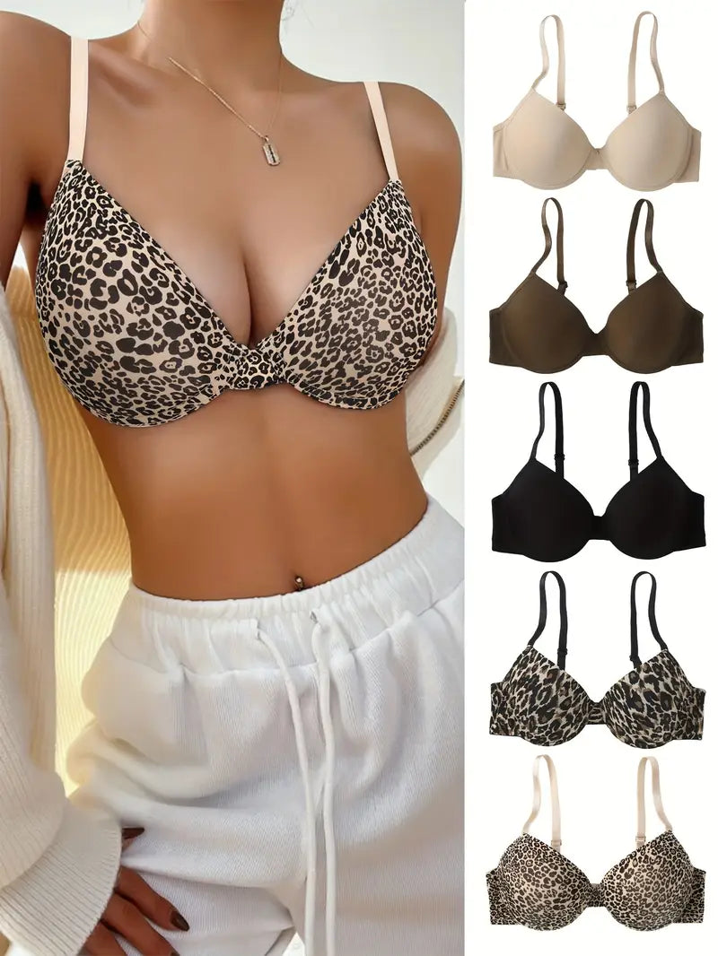 5pcs Leopard & Solid T-Shirt Bras