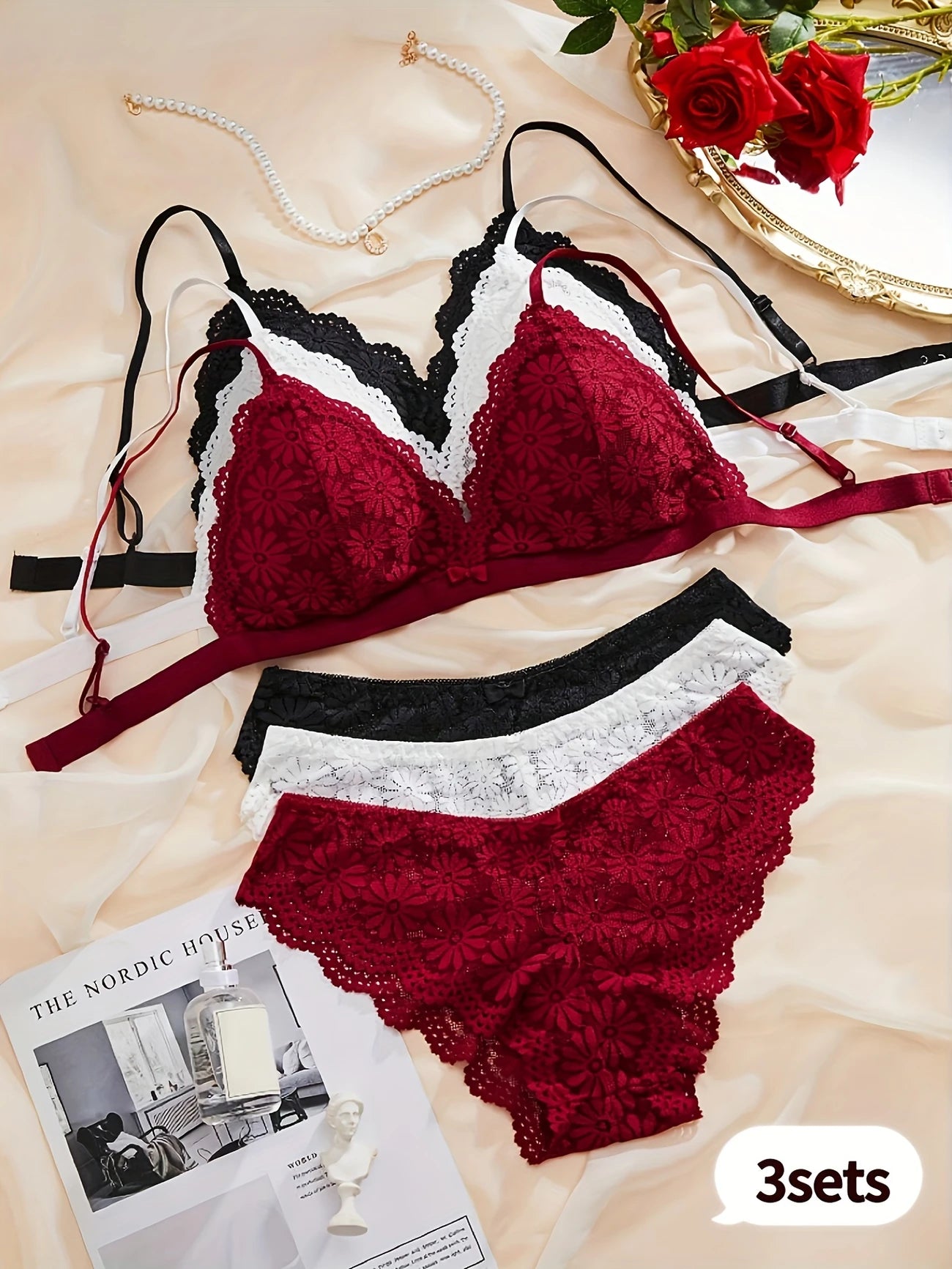 3pcs Comfortable & Breathable Lace Bra Set with Scallop Embellishments - Includes Bralette, Panties, and Underwear