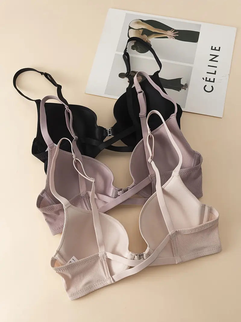 3pcs Elegant Ribbed Push-Up Bras with Front Closure