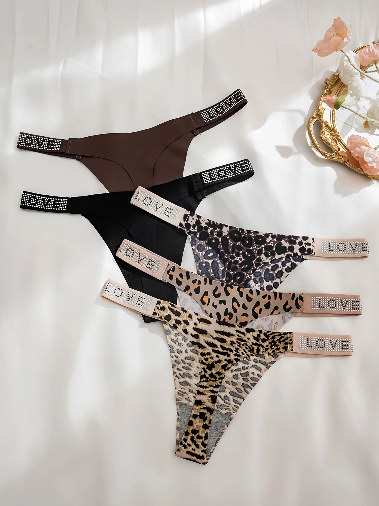 5pcs Rhinestone Tape Leopard Print Low Waist Thongs