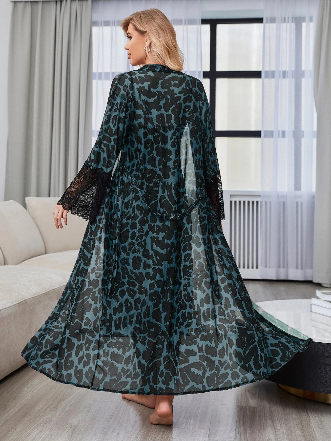 Leopard Print Lace Mesh Slip Dress &amp; Belted Robe Pajama Set