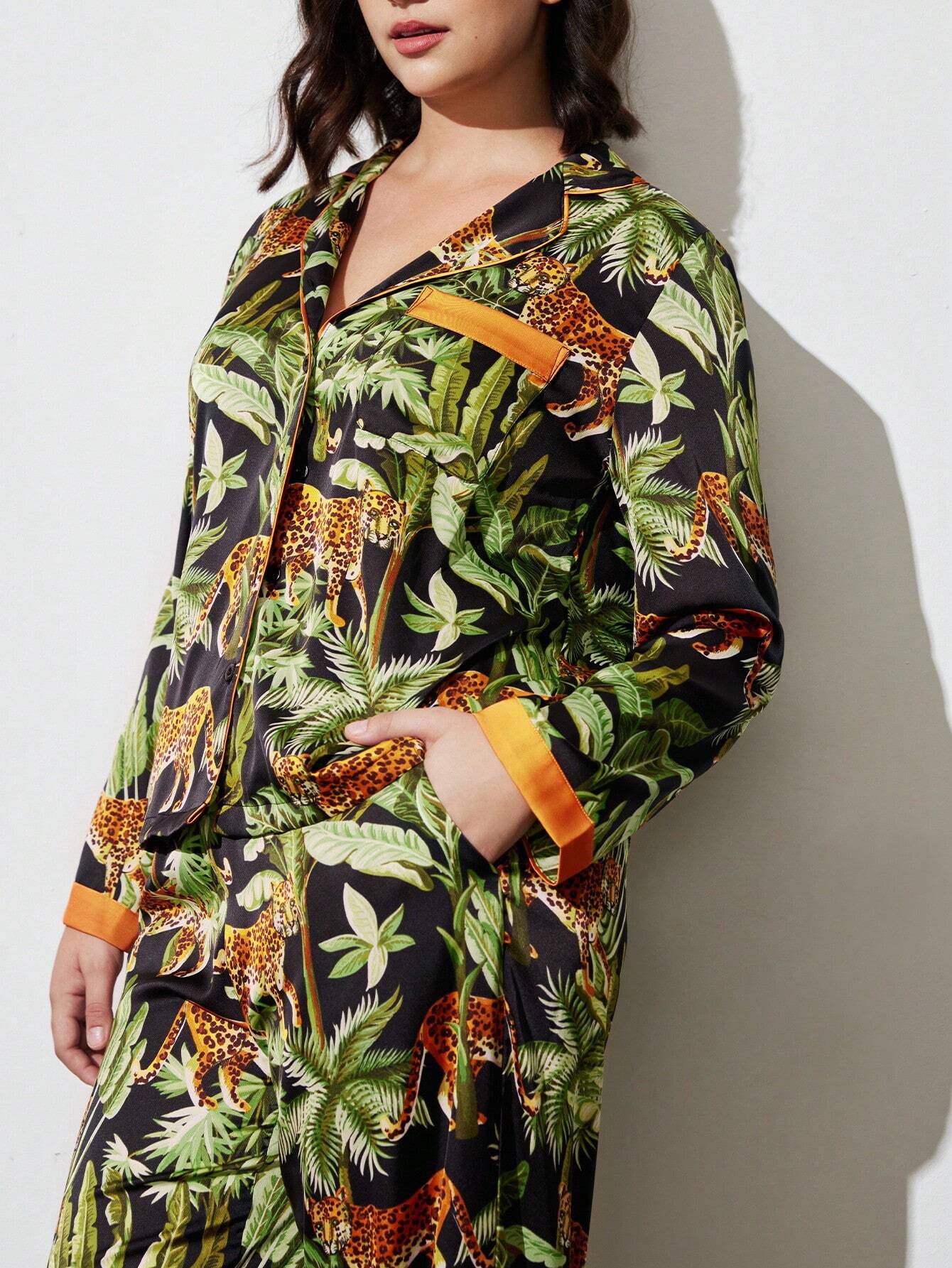 LUVLETTE Chinese Ink Painting Flora Print Satin Long Women Pajama Sets