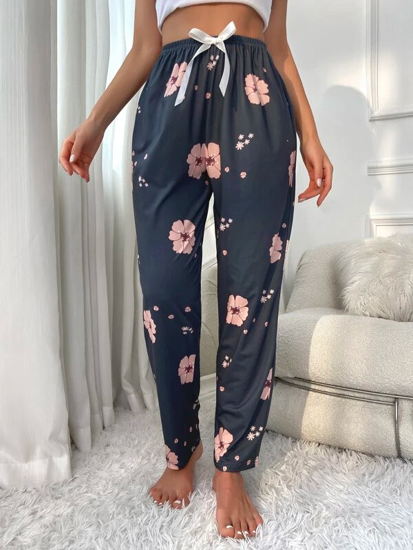 Floral Print Tie Front Sleep Pants