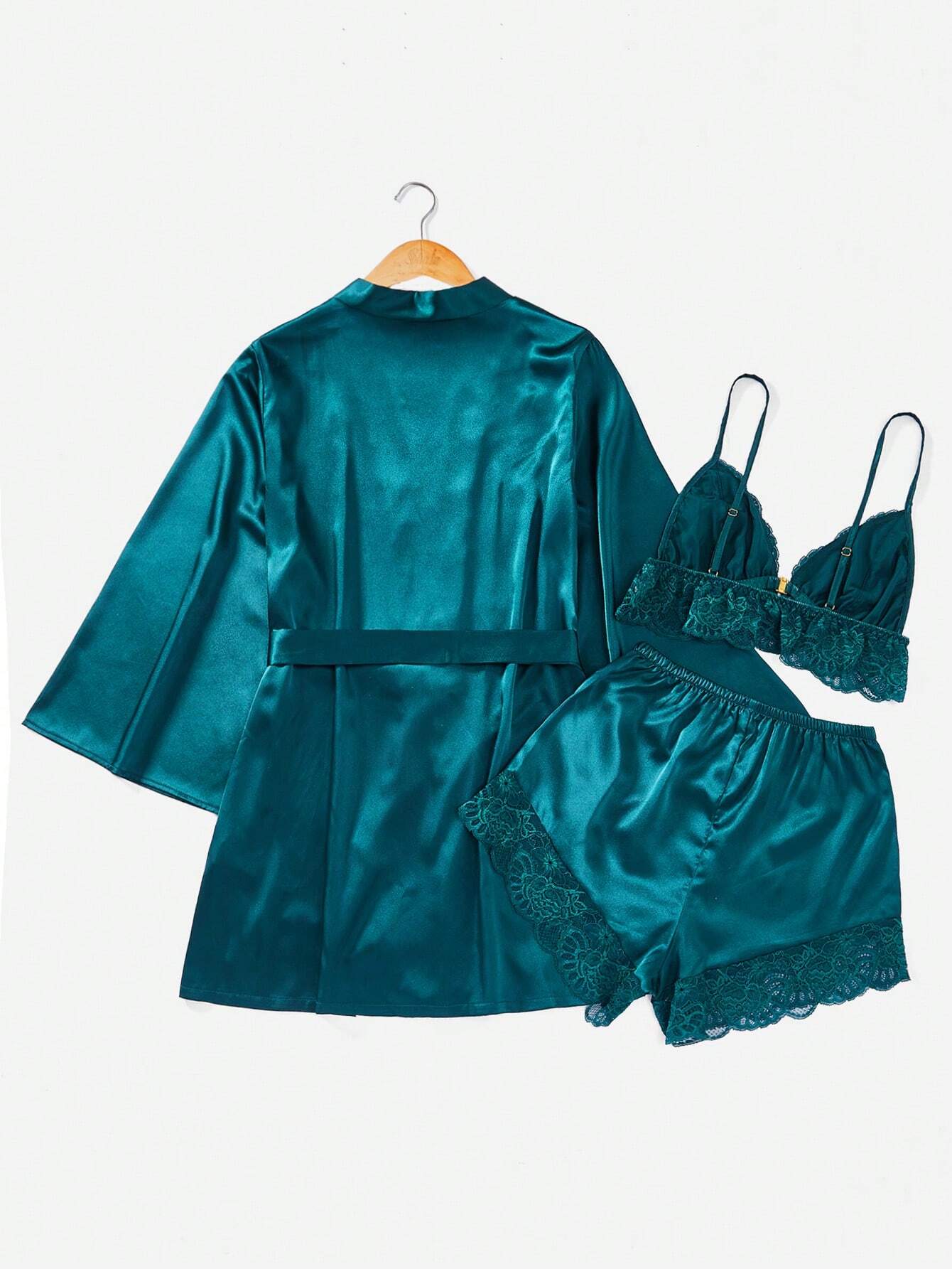 Contrast Lace Belted Satin Robe &amp; Cami Top &amp; Shorts PJ Set