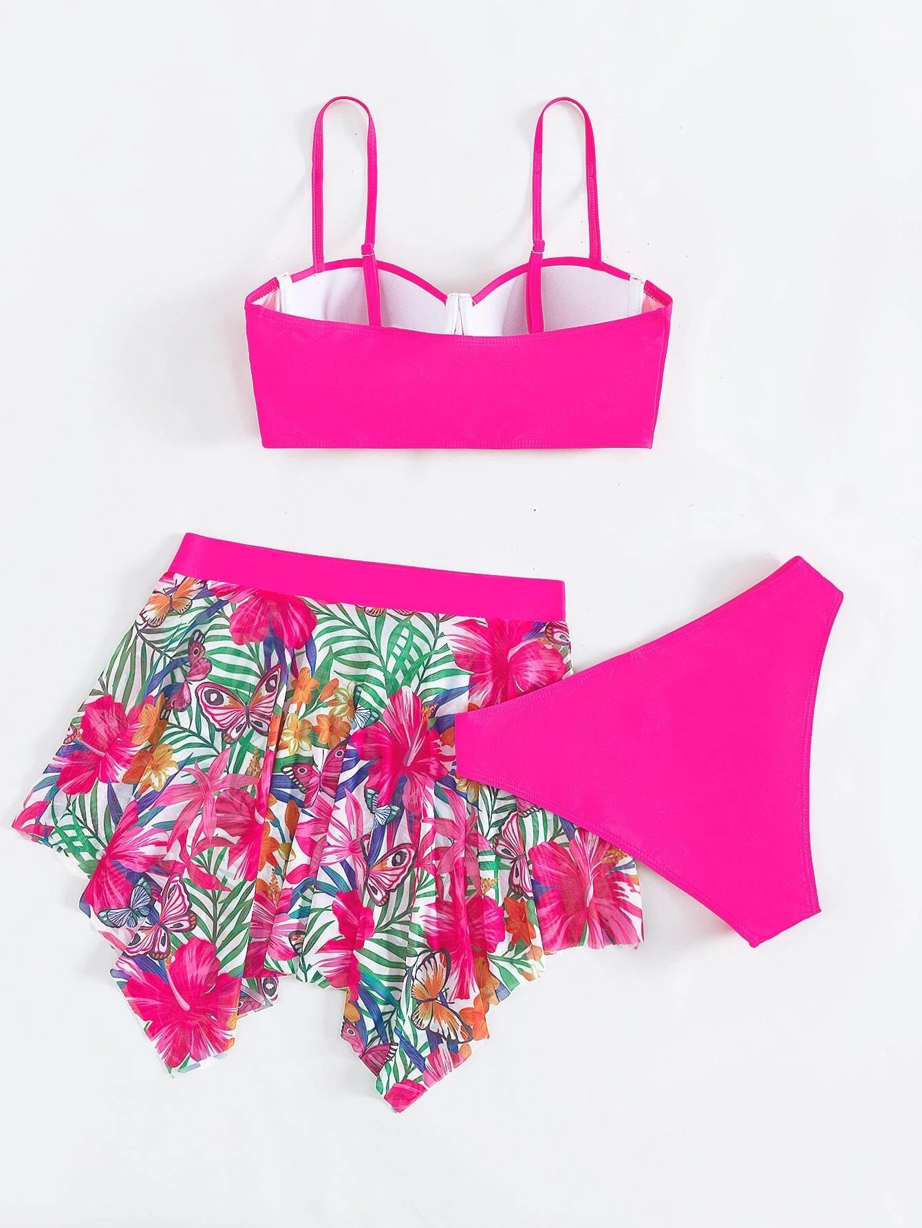 Swim Tropical Print Bikini Set Push Up Bra Top &amp; Bikini Bottom &amp; Beach Skirt 3 Pieces Bikini