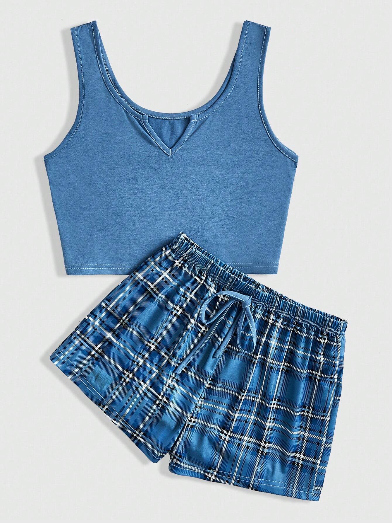 ROMWE Solid Color Sleeveless Top &amp; Plaid Shorts Casual Pajama Set Baby Blue 2