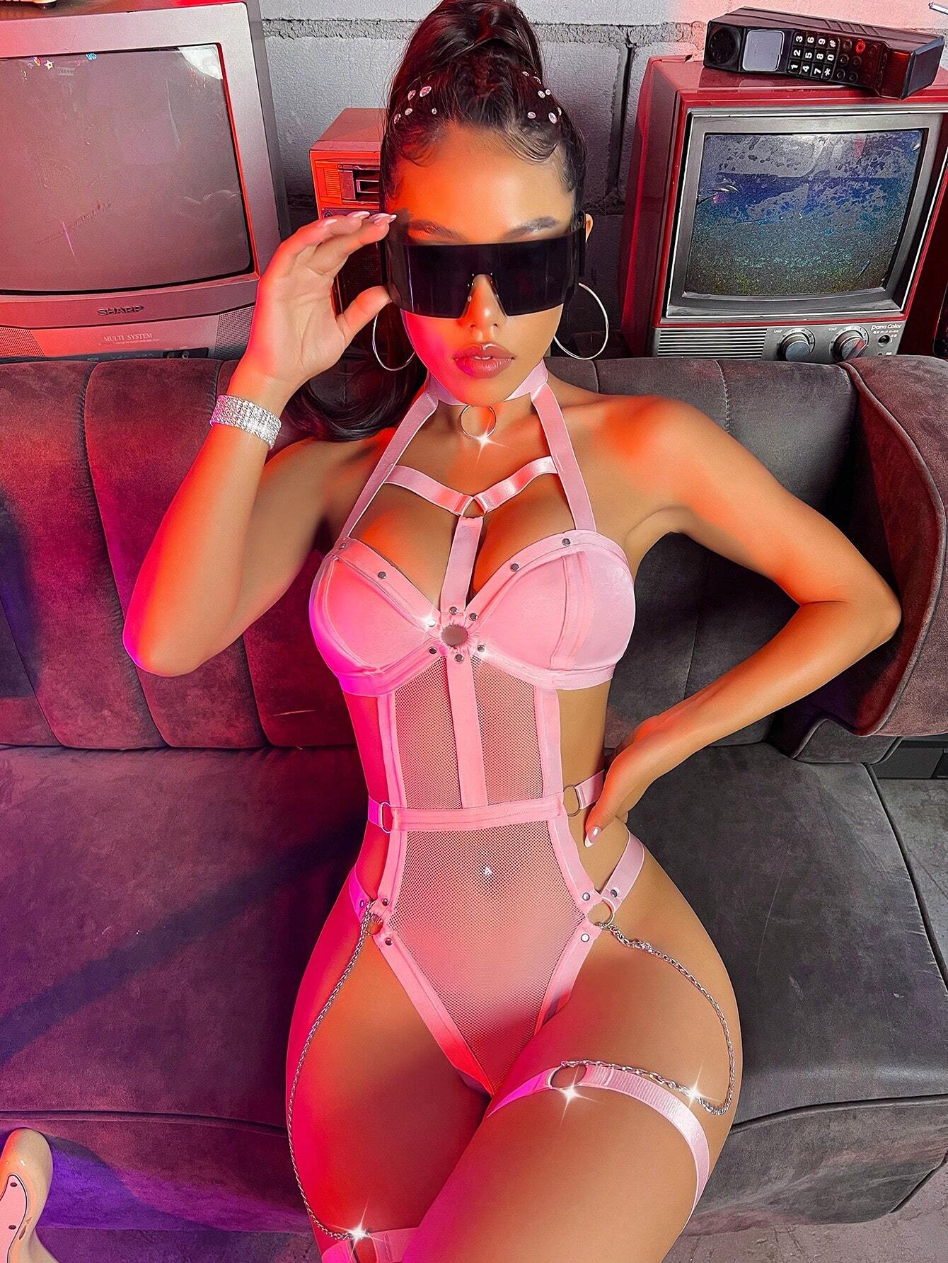 Goth Ring Linked Harness Teddy Bodysuit With 1pair Leg Ring