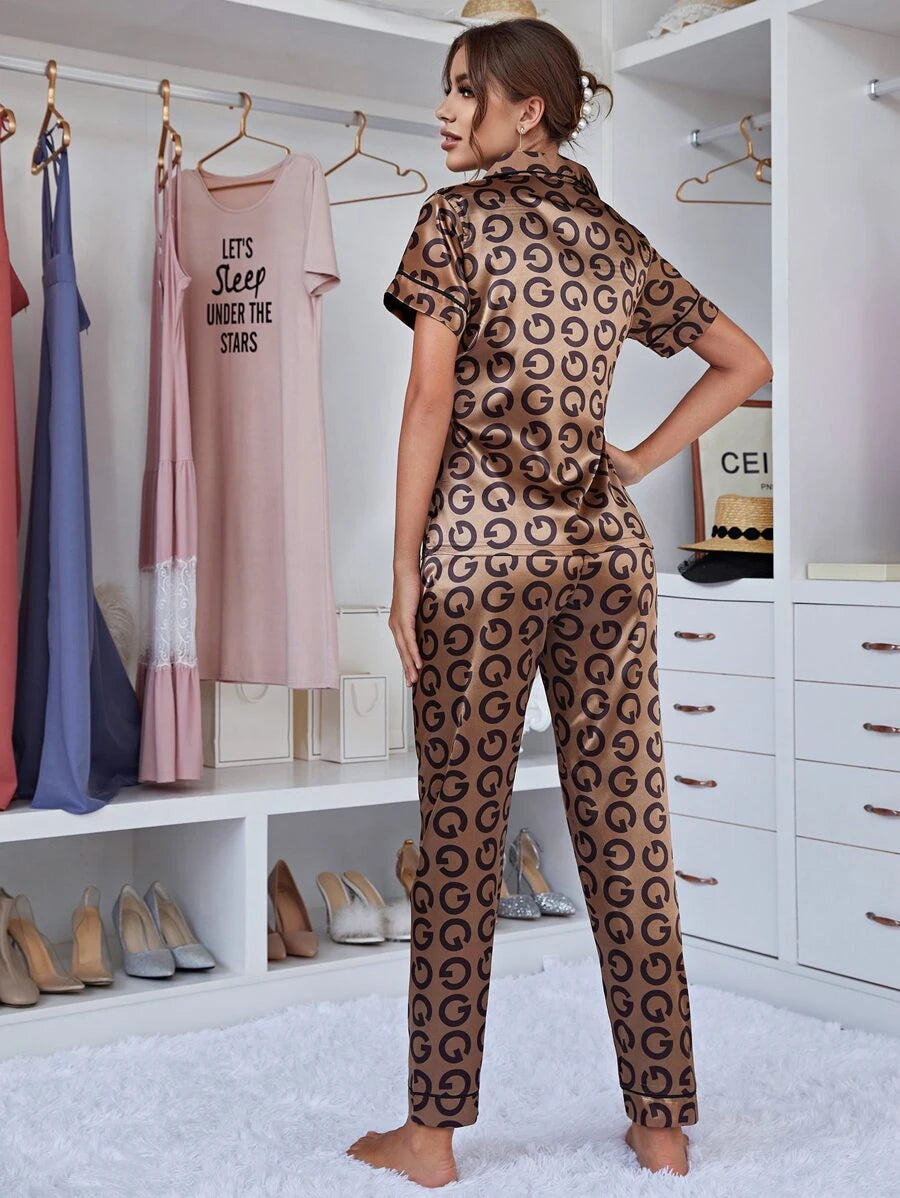 Allover Letter Graphic Pocket Patched Satin Blouse and Pants PJ Set