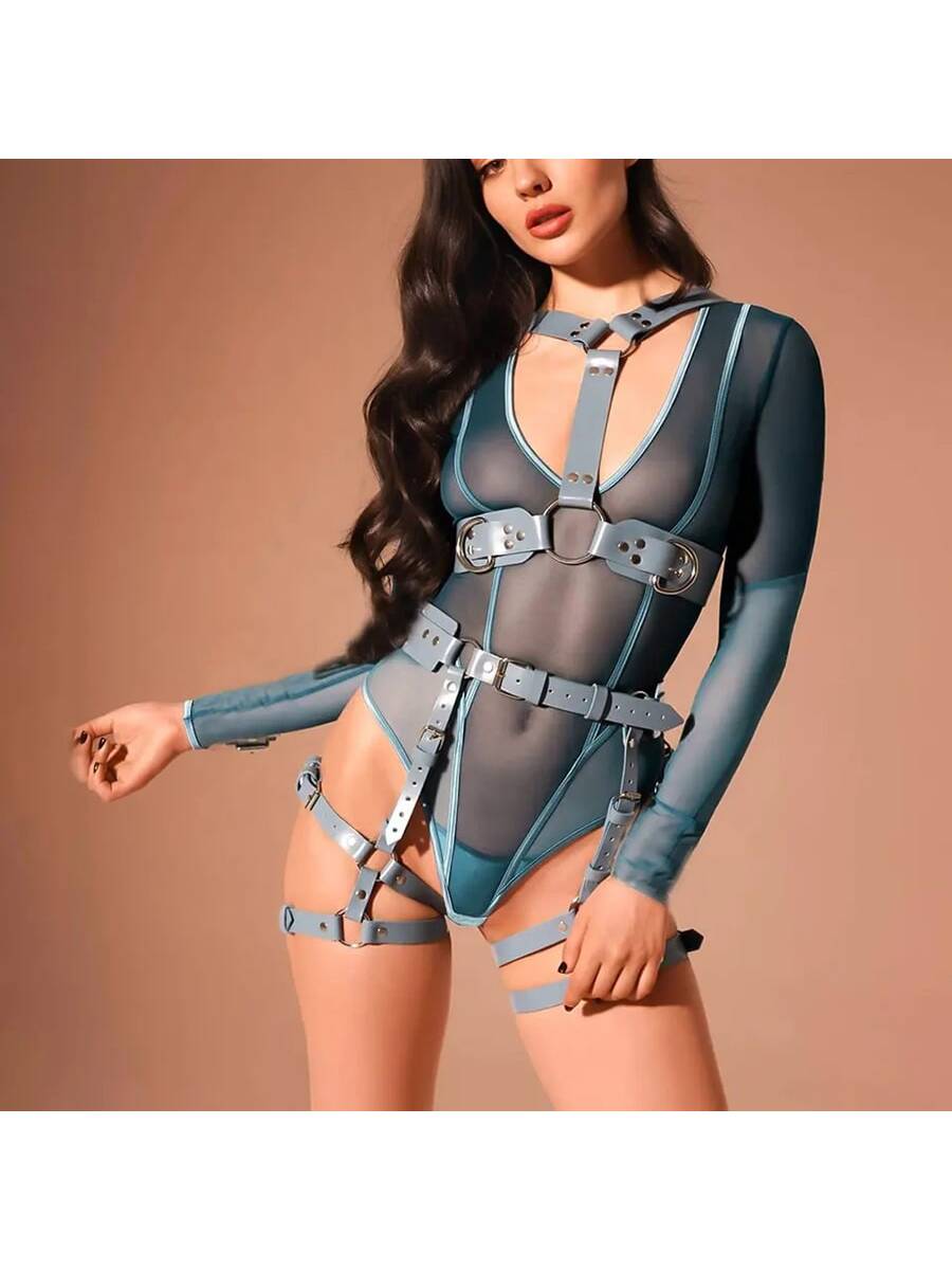 Adult Leather Bondage Suit &amp; Novelty Nightclub Toy Set For Alternative Outfits &amp; Play One size Blue
