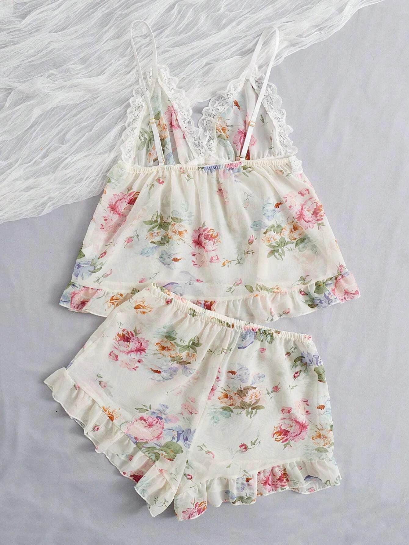 Floral Print Contrast Lace Bow Front Ruffle Hem PJ Set