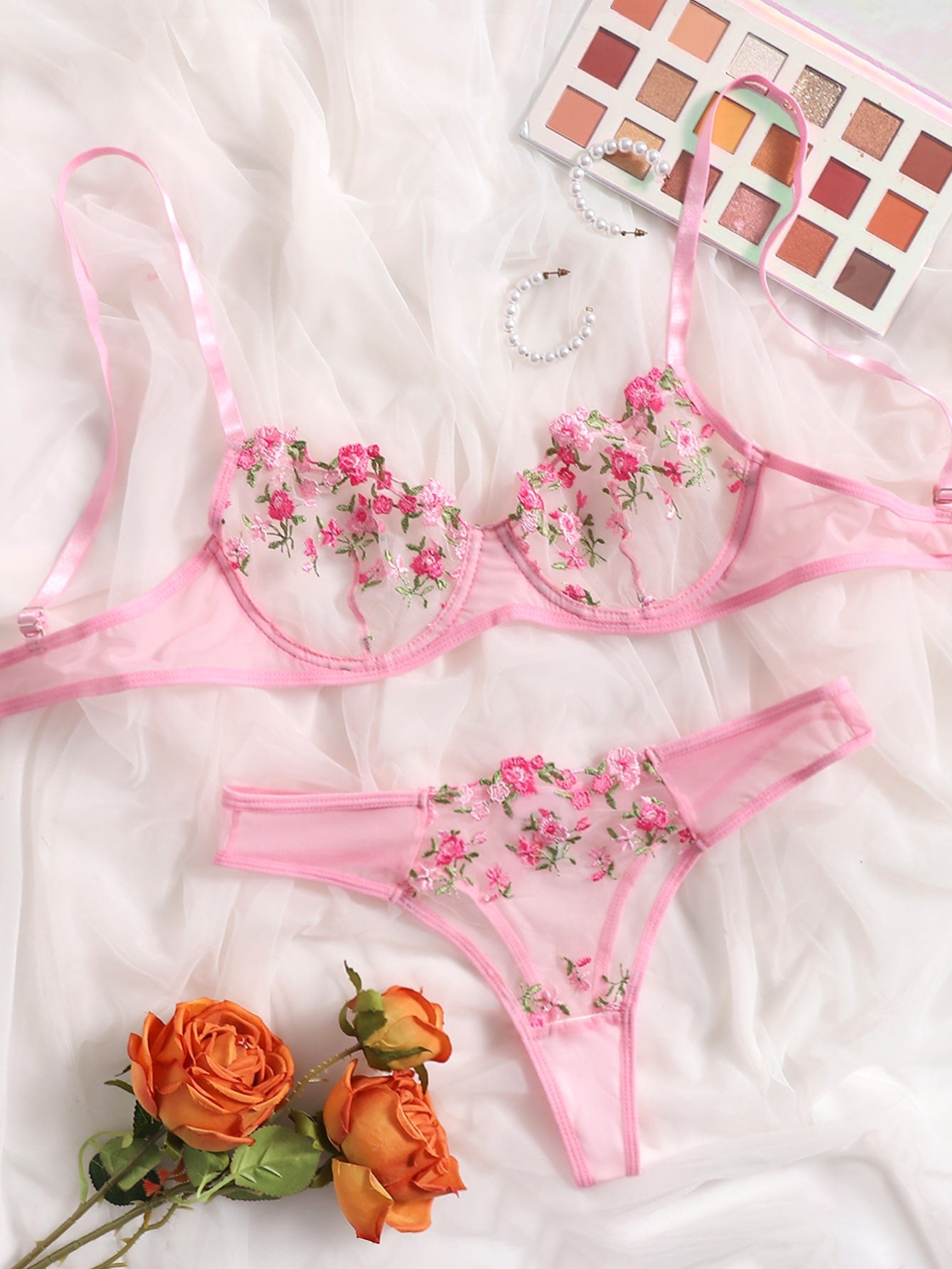 Floral Embroidery Mesh Underwire Lingerie Set