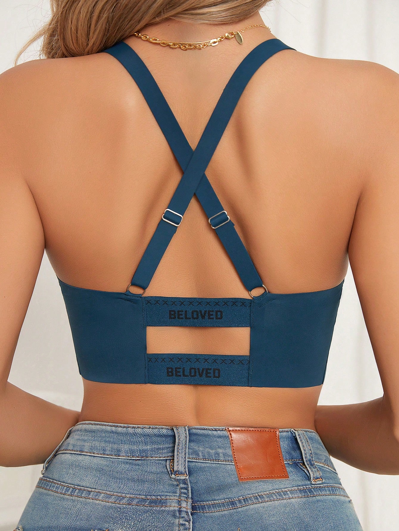 Letter Graphic Crisscross Back Bralette S Teal Blue