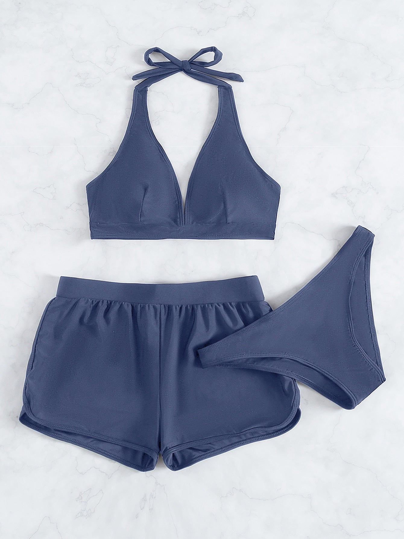 Solid Bikini Set Halter Bra &amp; Bikini Bottom &amp; Dolphin Shorts 3 Piece Bathing Suit