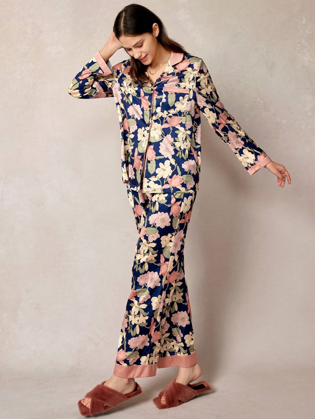 LUVLETTE Chinese Ink Painting Flora Print Satin Long Women Pajama Sets