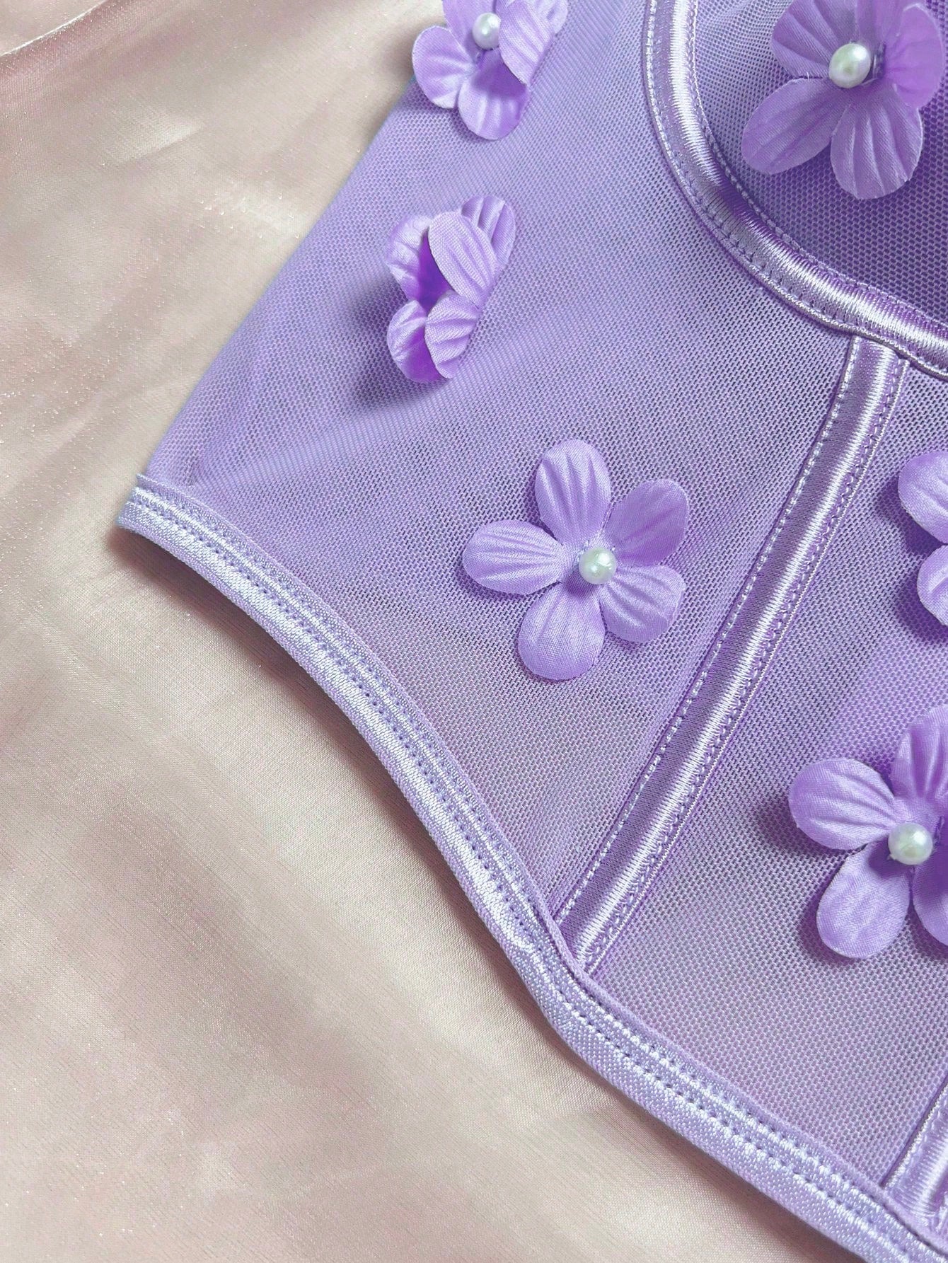 Floral Appliques Mesh Underwire Bra