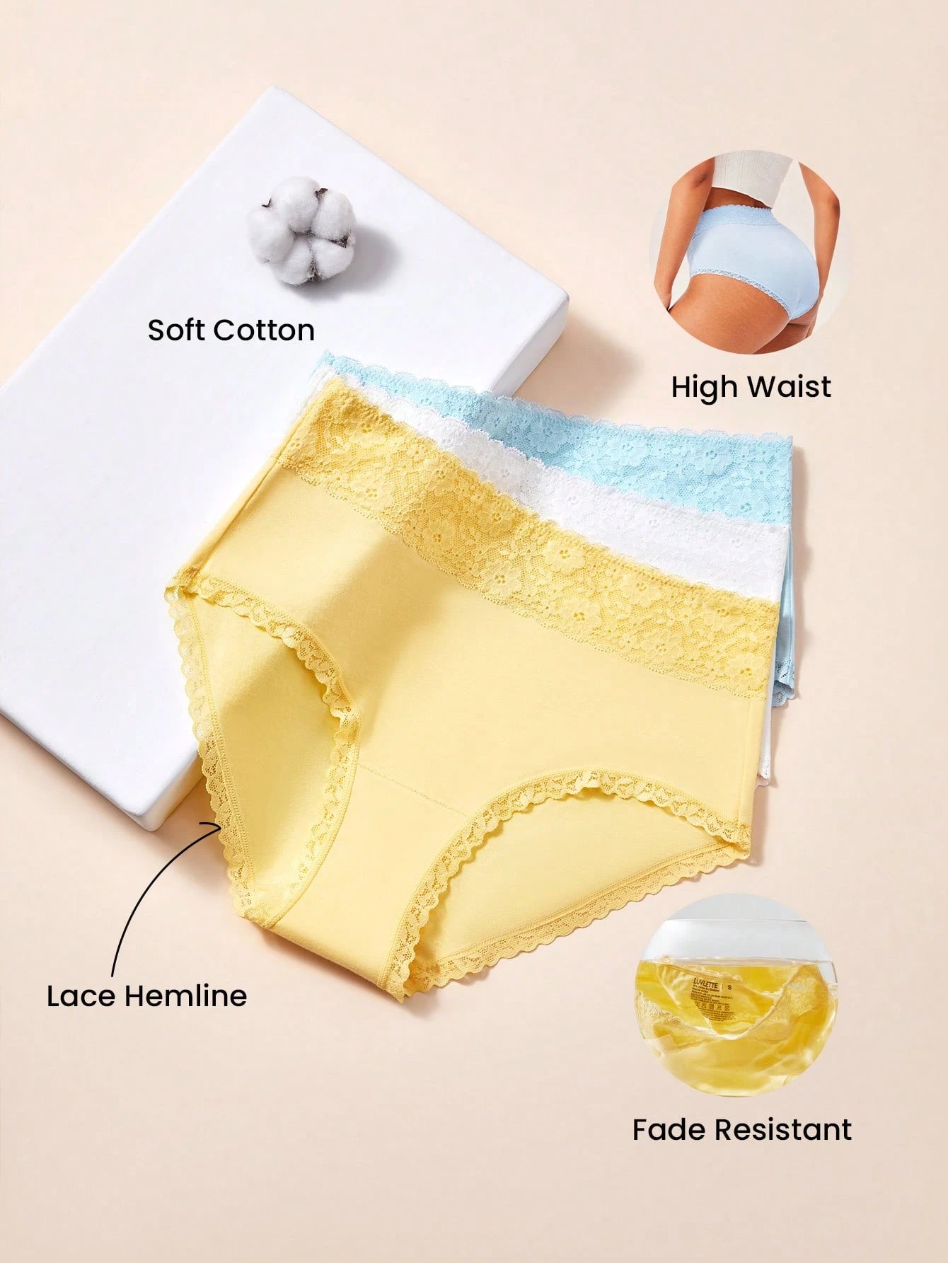 LUVLETTE 3-Pack High-Rise Cotton Girly Women's Underwear Briefs Panty Set