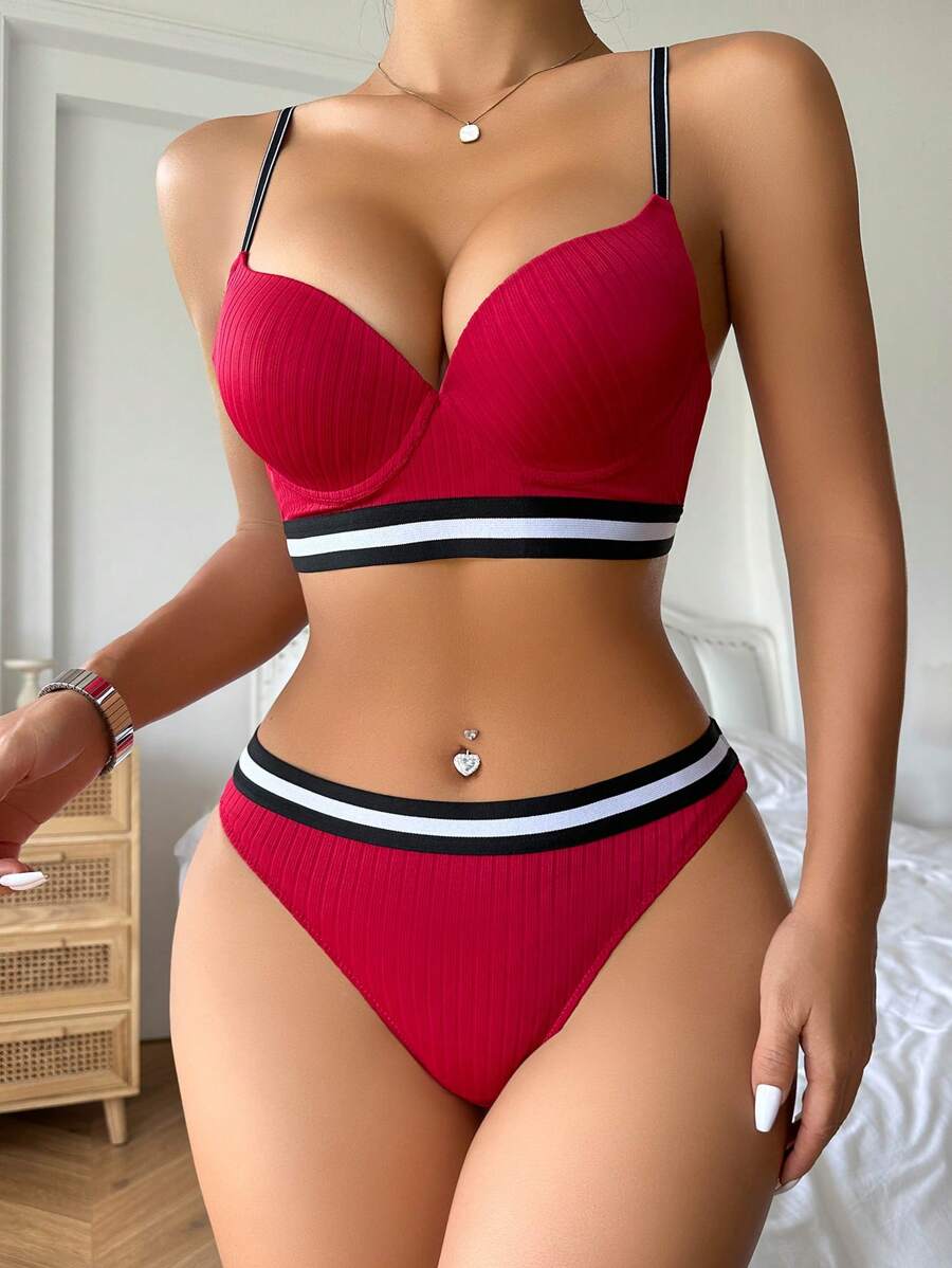 Striped Trim Underwire Lingerie Set